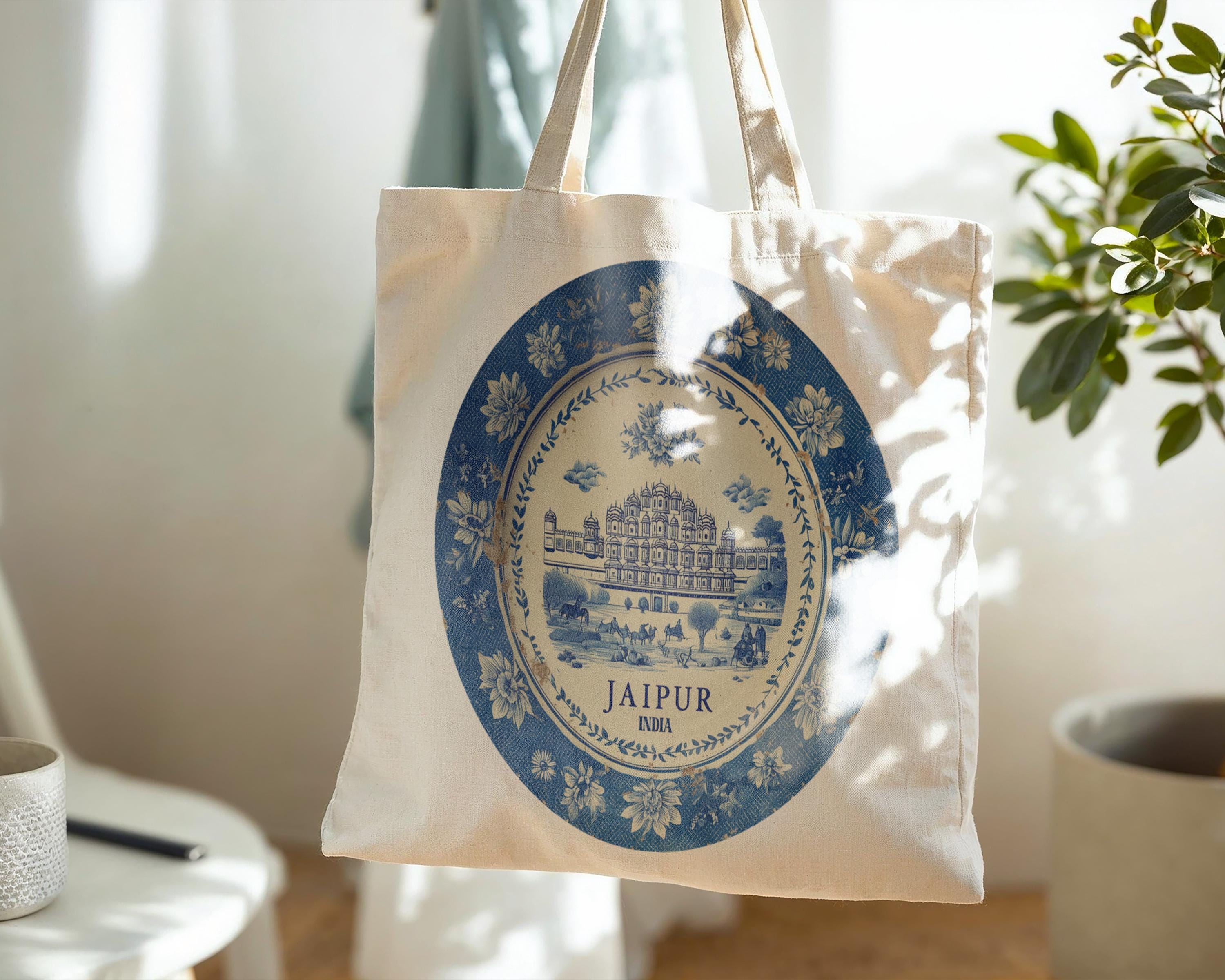 Jaipur India Tote Bag, Delft Style Personalized Destination, City Wedding Gift Souvenir Cotton