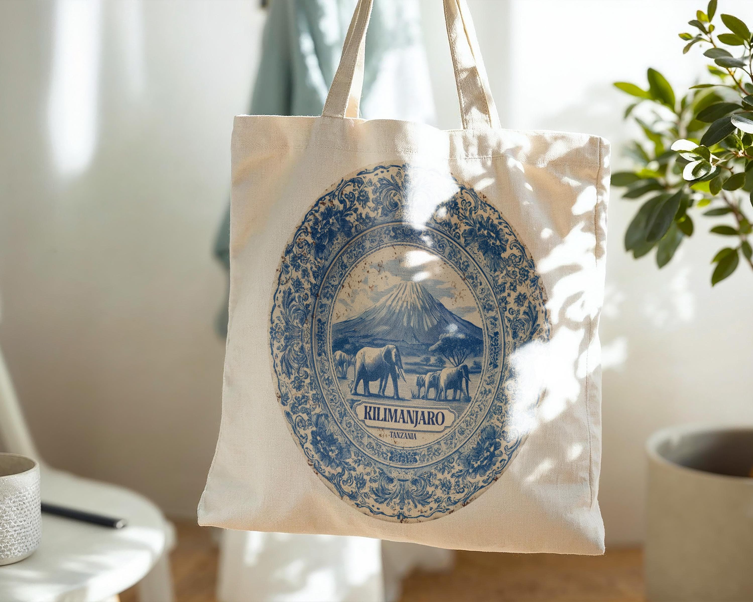 Kilimanjaro Tanzania Tote Bag, Delft Style Personalized Destination, City Wedding Gift Souvenir Cotton