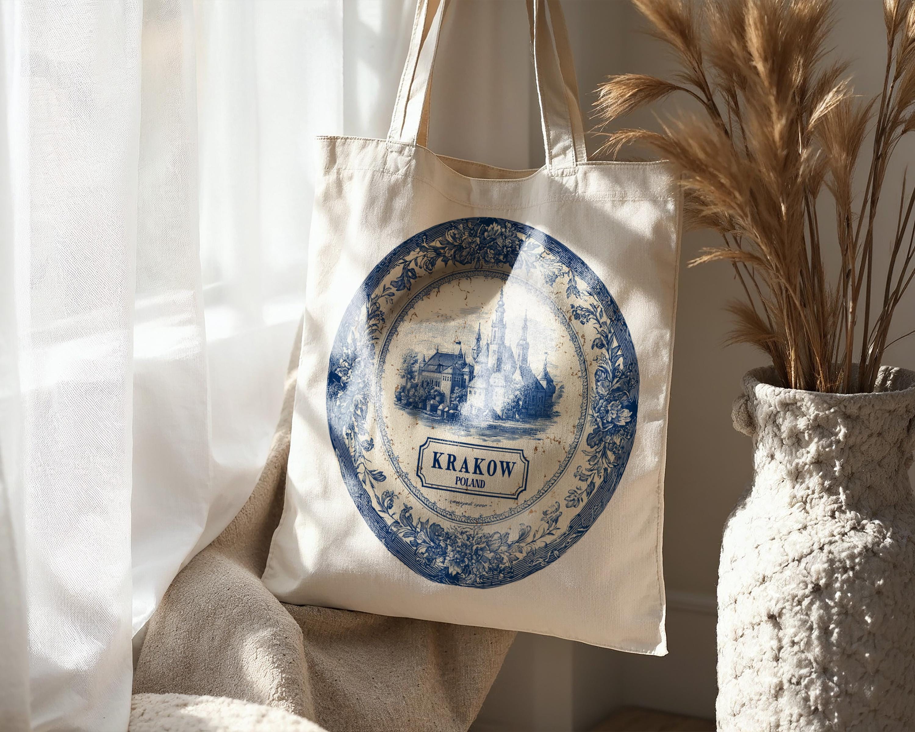 Krakow Poland Tote Bag, Delft Style Personalized Destination, City Wedding Gift Souvenir Cotton