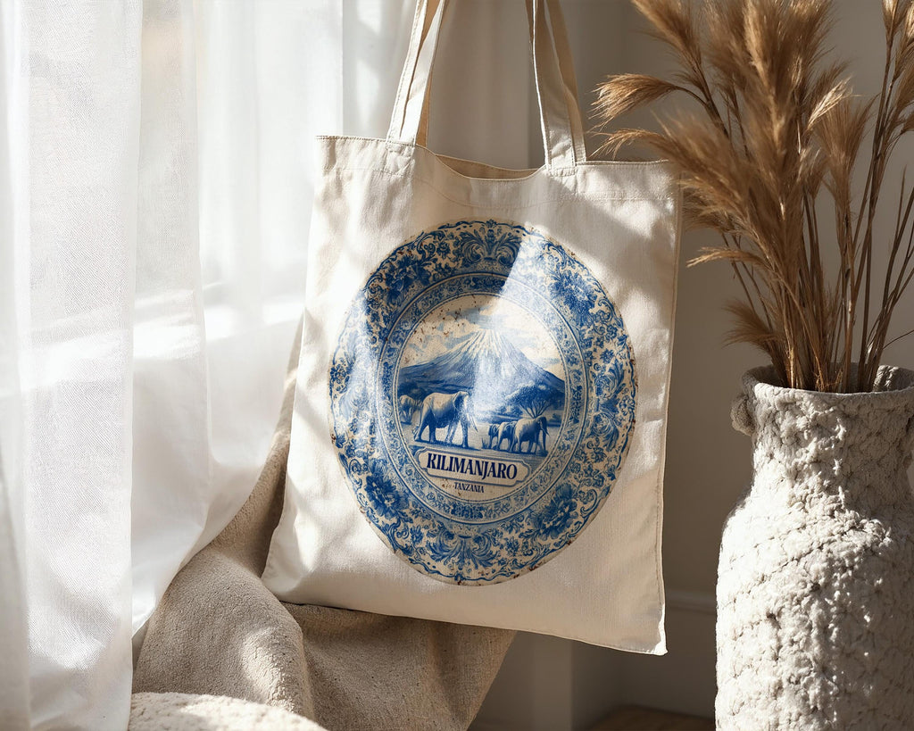Kilimanjaro Tanzania Tote Bag, Delft Style Personalized Destination, City Wedding Gift Souvenir Cotton