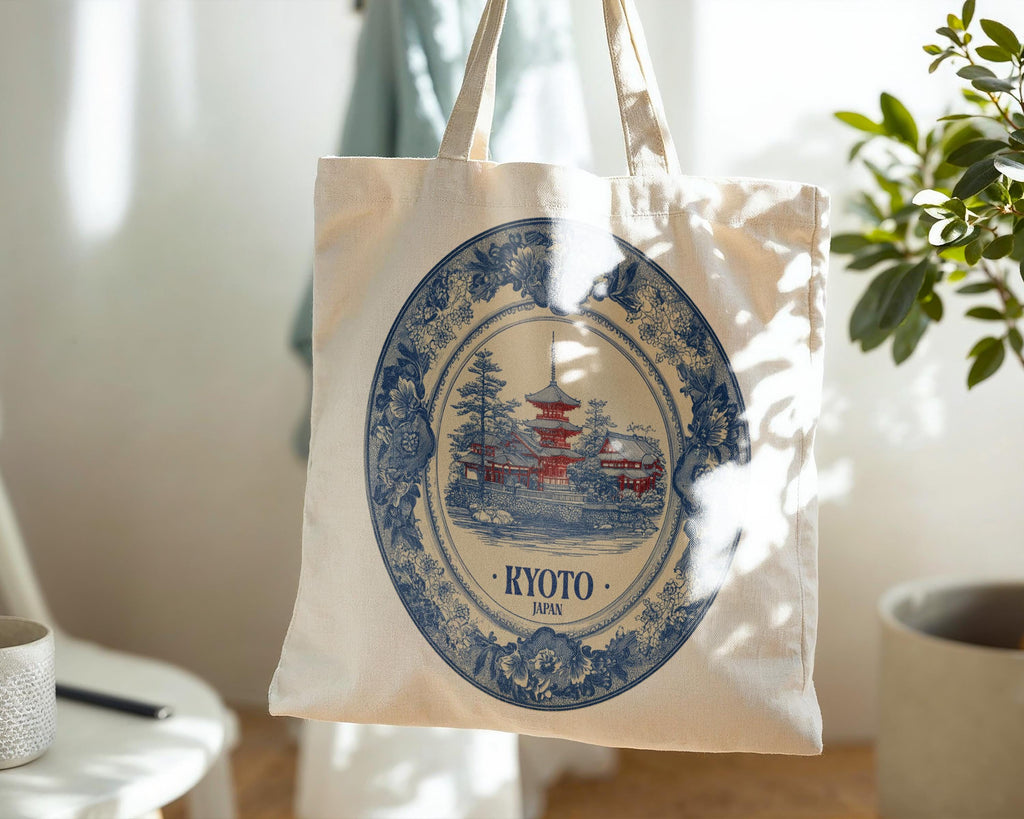 Kyoto Japan Tote Bag, Delft Style Personalized Destination, City Wedding Gift Souvenir Cotton