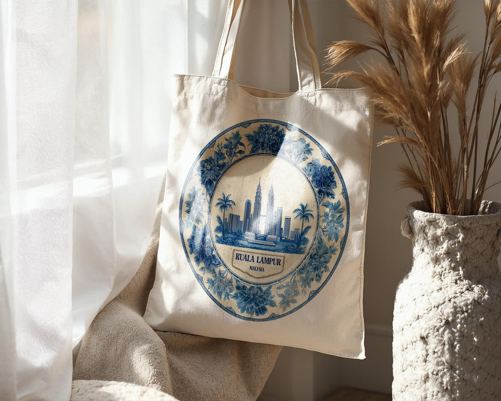 Kuala Lumpur Malaysia Tote Bag, Delft Style Personalized Destination, City Wedding Gift Souvenir Cotton