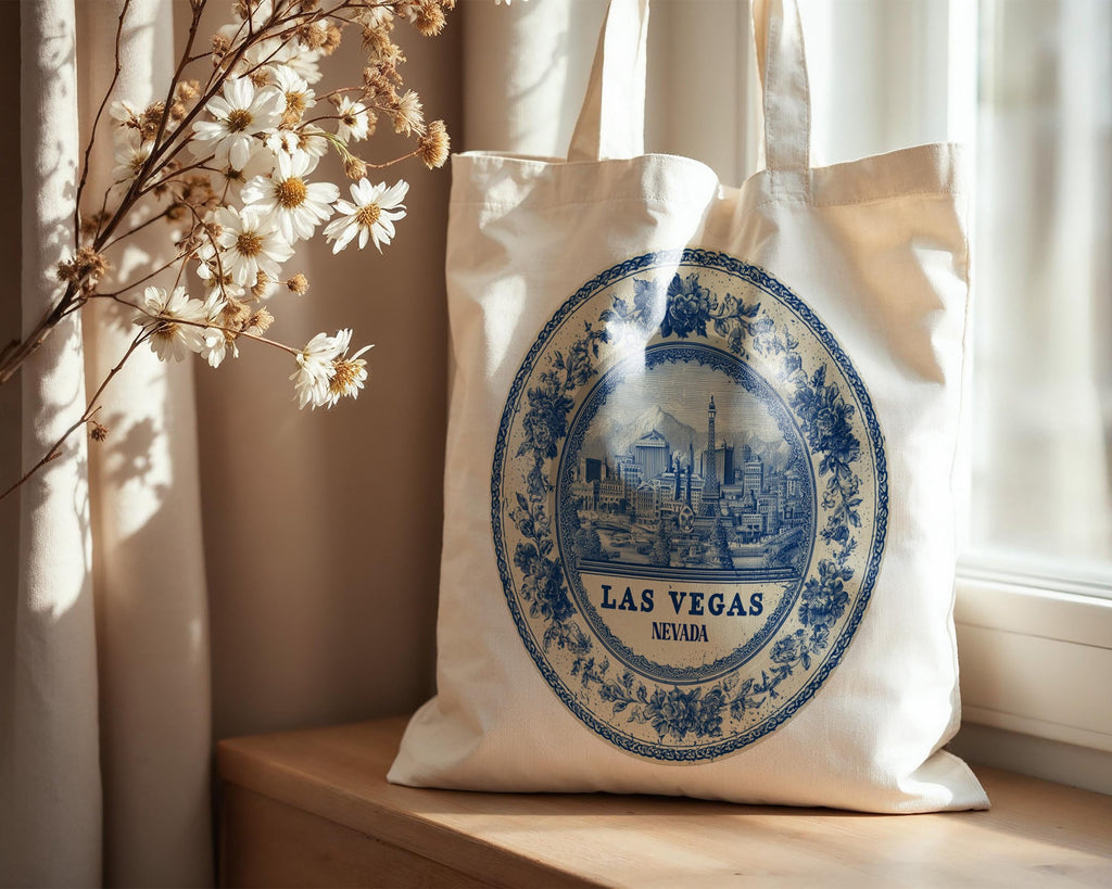 Las Vegas Nevada Tote Bag, Delft Style Personalized Destination, City Wedding Gift Souvenir Cotton