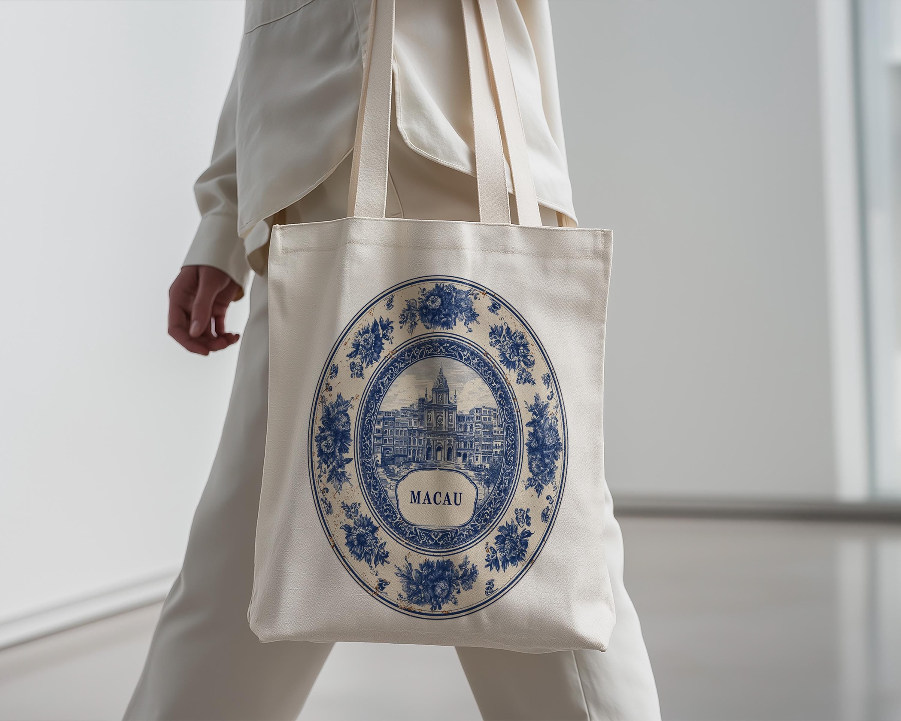 Macau China Tote Bag, Delft Style Personalized Destination, City Wedding Gift Souvenir Cotton