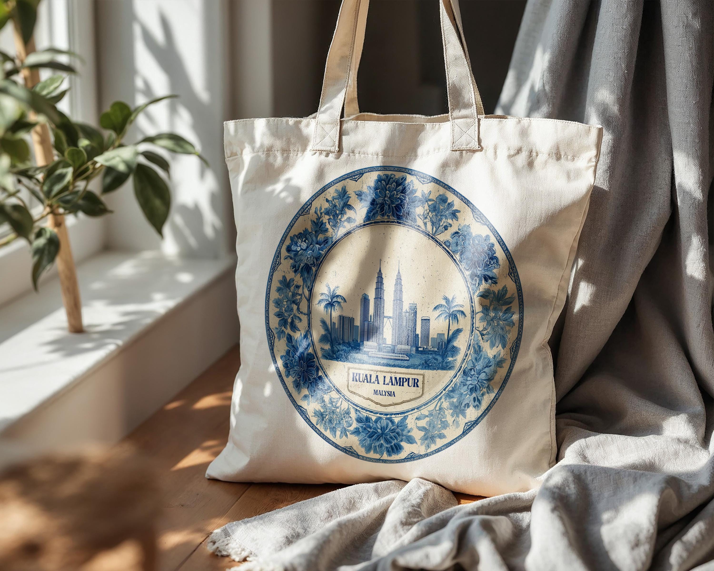 Kuala Lumpur Malaysia Tote Bag, Delft Style Personalized Destination, City Wedding Gift Souvenir Cotton
