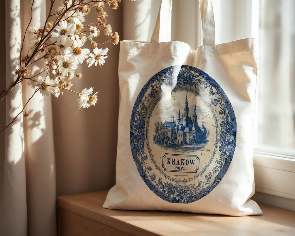 Krakow Poland Tote Bag, Delft Style Personalized Destination, City Wedding Gift Souvenir Cotton
