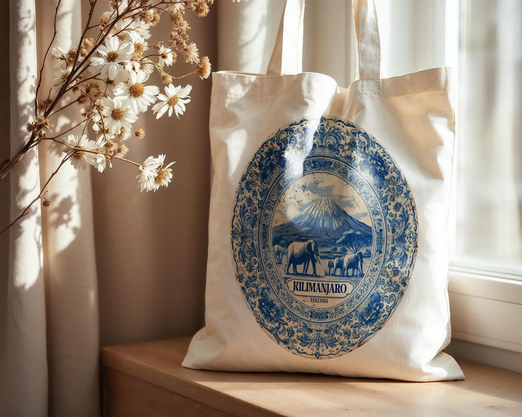 Kilimanjaro Tanzania Tote Bag, Delft Style Personalized Destination, City Wedding Gift Souvenir Cotton