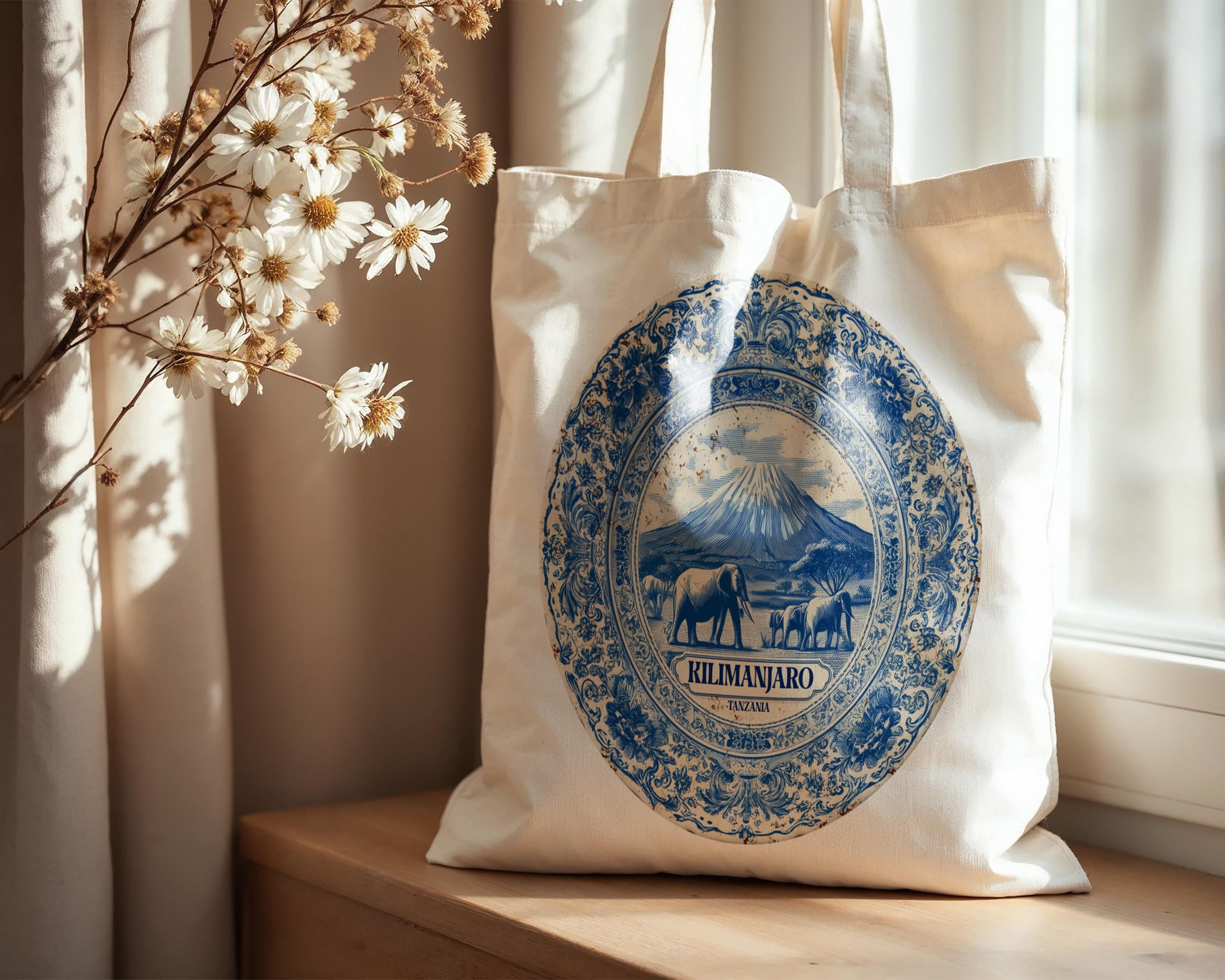Kilimanjaro Tanzania Tote Bag, Delft Style Personalized Destination, City Wedding Gift Souvenir Cotton