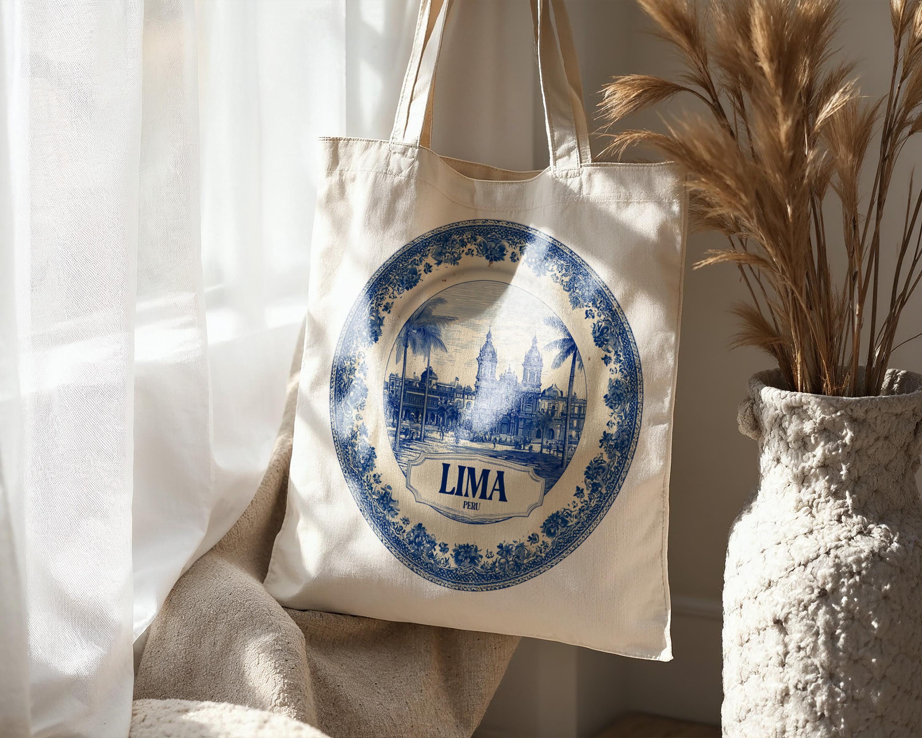 Lima Peru Tote Bag, Delft Style Personalized Destination, City Wedding Gift Souvenir Cotton