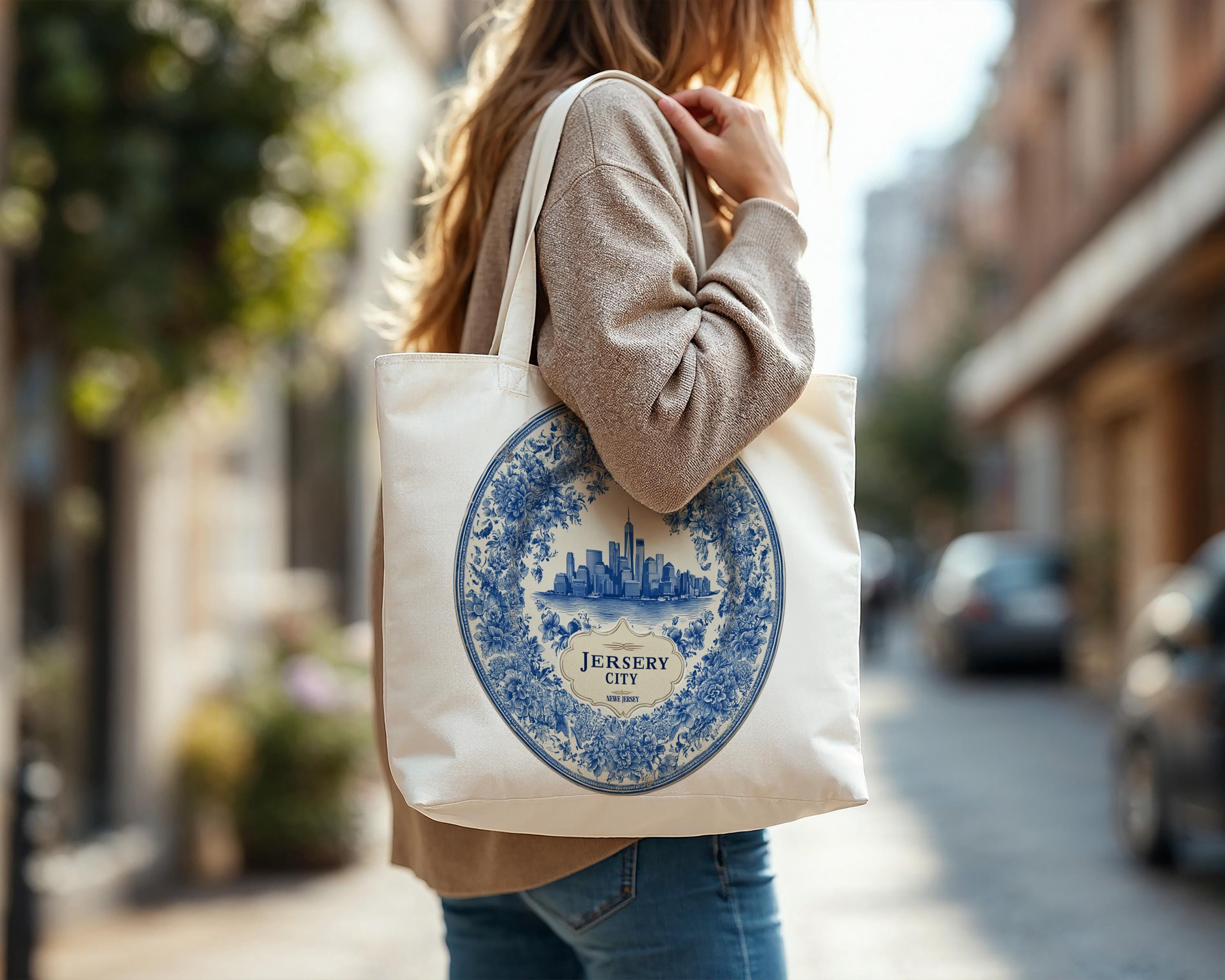Jersey City New Jersey Tote Bag, Delft Style Personalized Destination, City Wedding Gift Souvenir Cotton