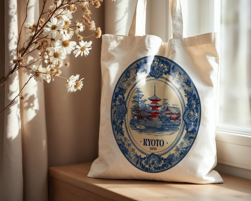 Kyoto Japan Tote Bag, Delft Style Personalized Destination, City Wedding Gift Souvenir Cotton