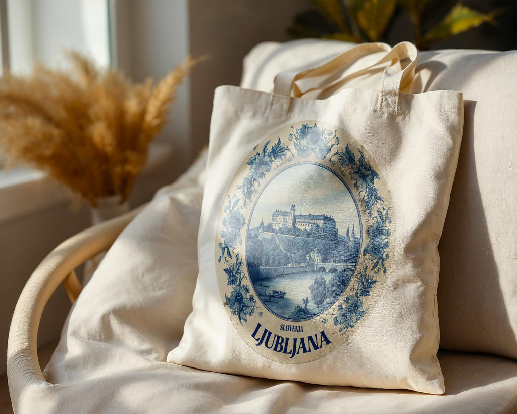 Ljubljana Slovenia Tote Bag, Delft Style Personalized Destination, City Wedding Gift Souvenir Cotton