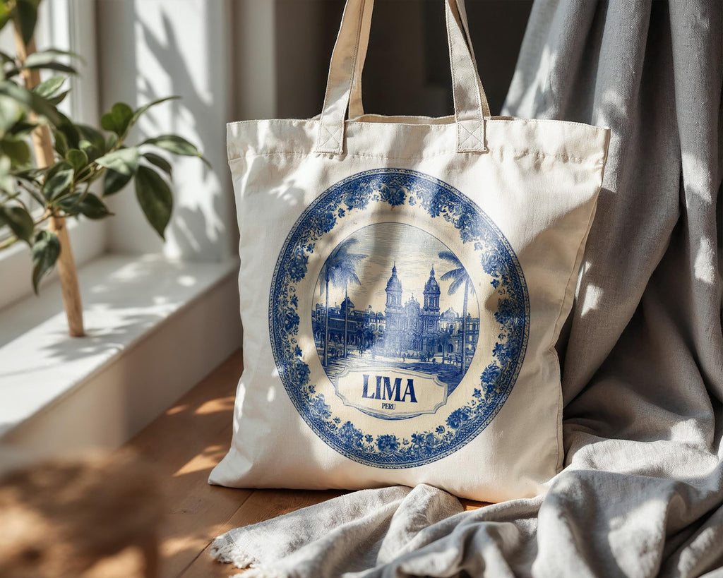 Lima Peru Tote Bag, Delft Style Personalized Destination, City Wedding Gift Souvenir Cotton