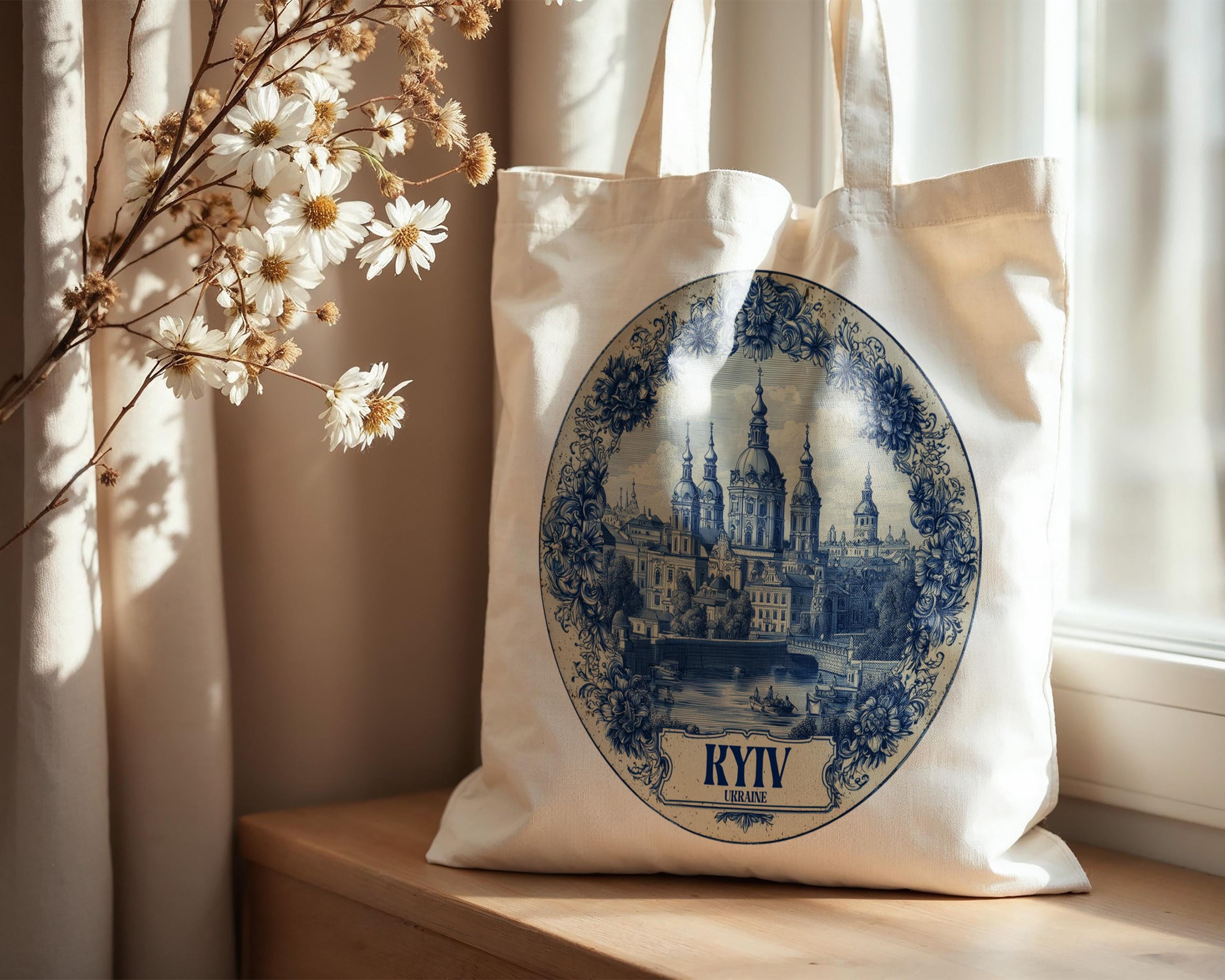Kyiv Ukraine Tote Bag, Delft Style Personalized Destination, City Wedding Gift Souvenir Cotton