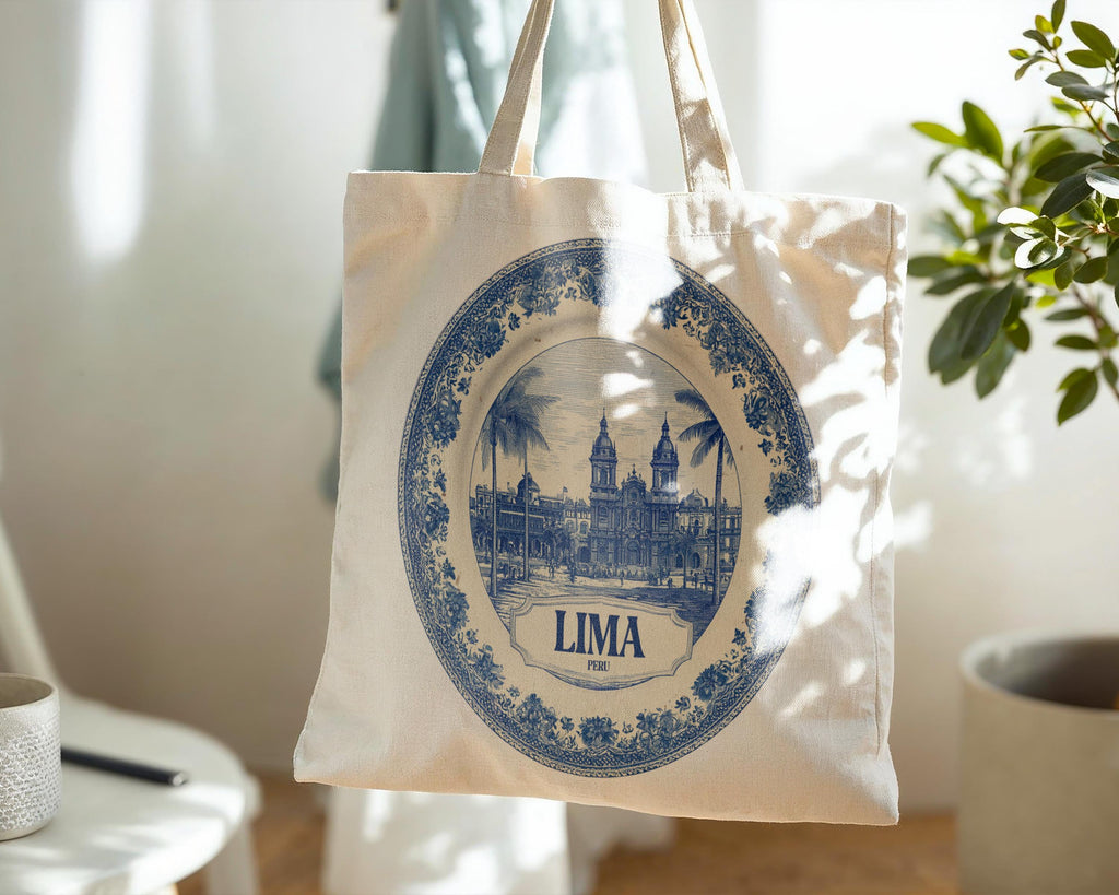 Lima Peru Tote Bag, Delft Style Personalized Destination, City Wedding Gift Souvenir Cotton