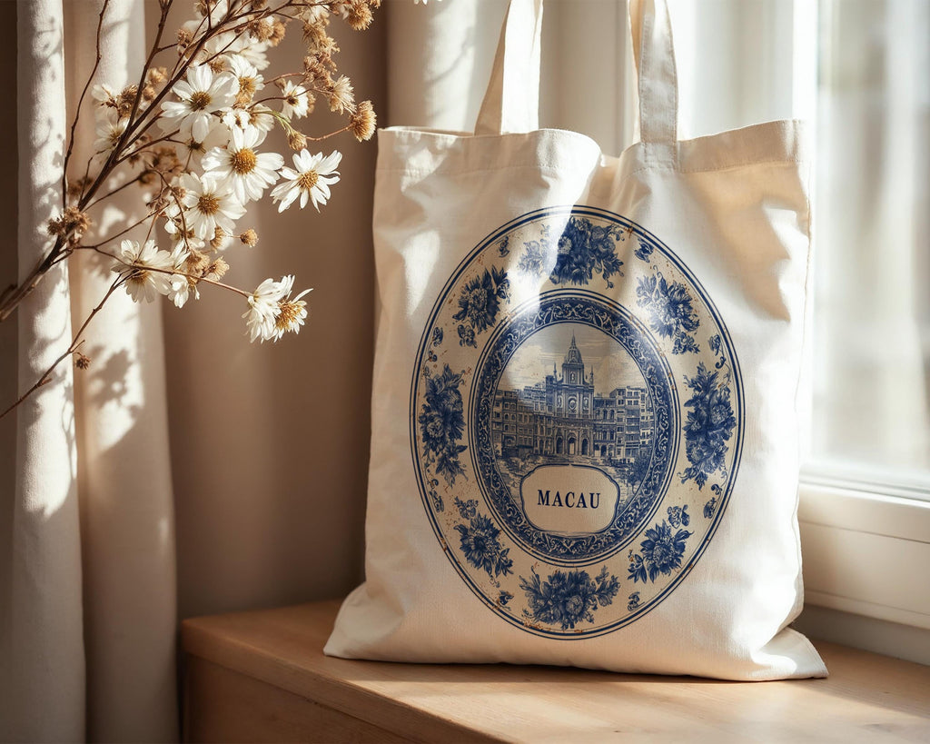 Macau China Tote Bag, Delft Style Personalized Destination, City Wedding Gift Souvenir Cotton