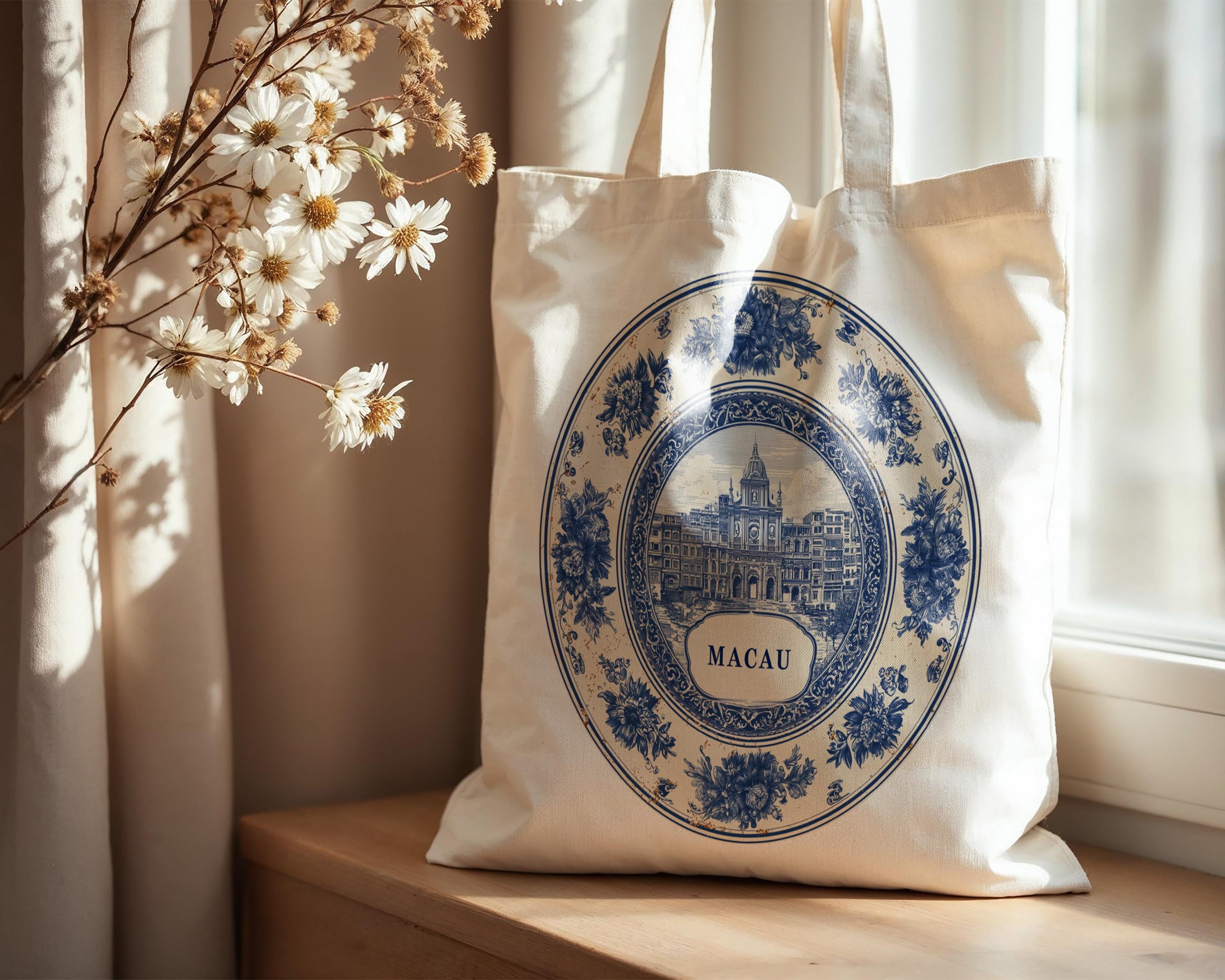 Macau China Tote Bag, Delft Style Personalized Destination, City Wedding Gift Souvenir Cotton