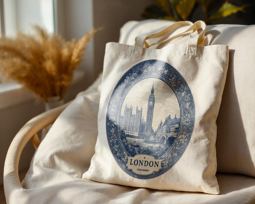 London UK Tote Bag, Delft Style Personalized Destination, City Wedding Gift Souvenir Cotton