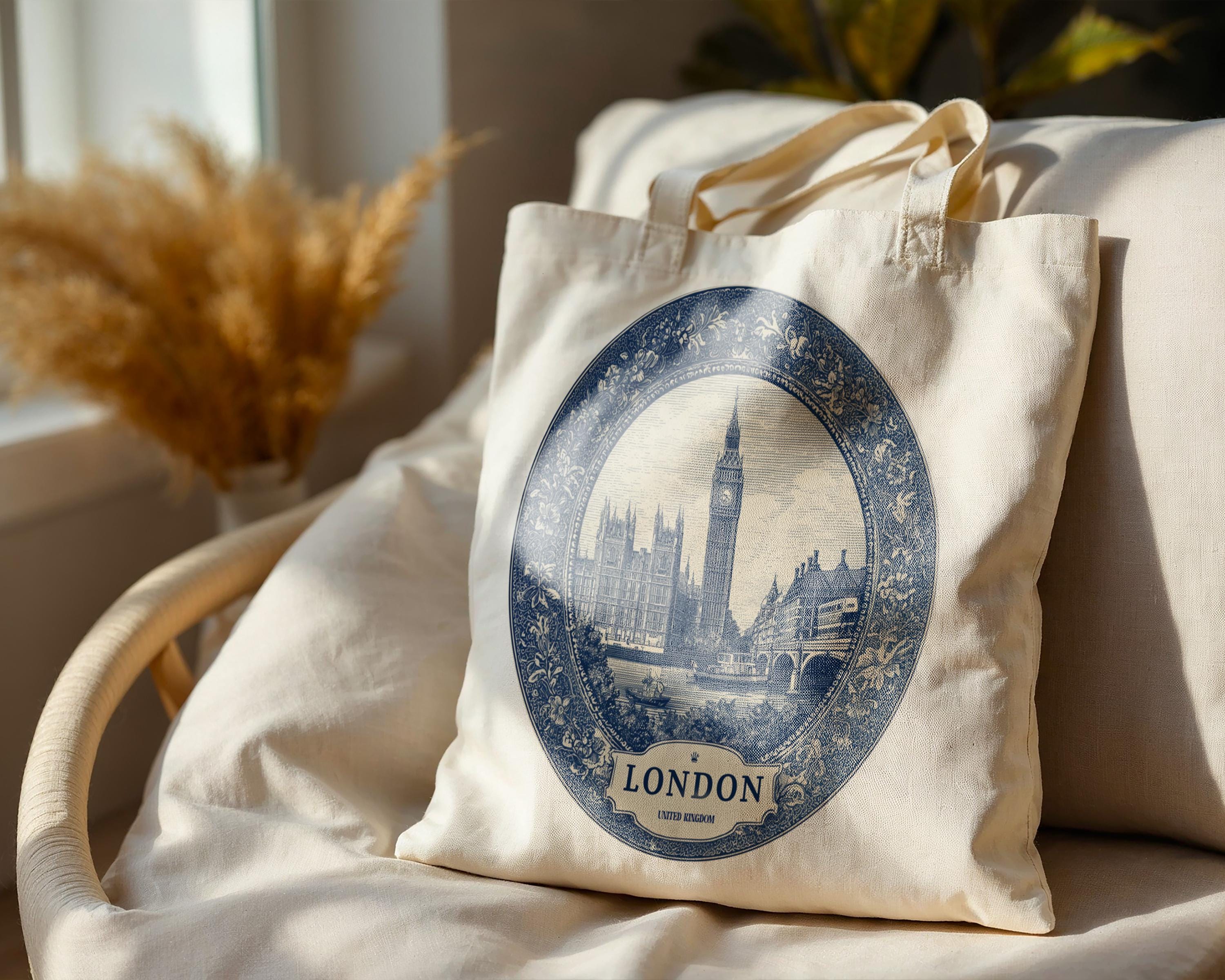 London UK Tote Bag, Delft Style Personalized Destination, City Wedding Gift Souvenir Cotton