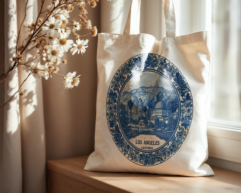 Los Angeles California Tote Bag, Delft Style Personalized Destination, City Wedding Gift Souvenir Cotton