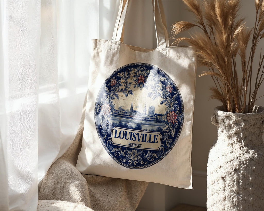 Louisville Kentucky Tote Bag, Delft Style Personalized Destination, City Wedding Gift Souvenir Cotton