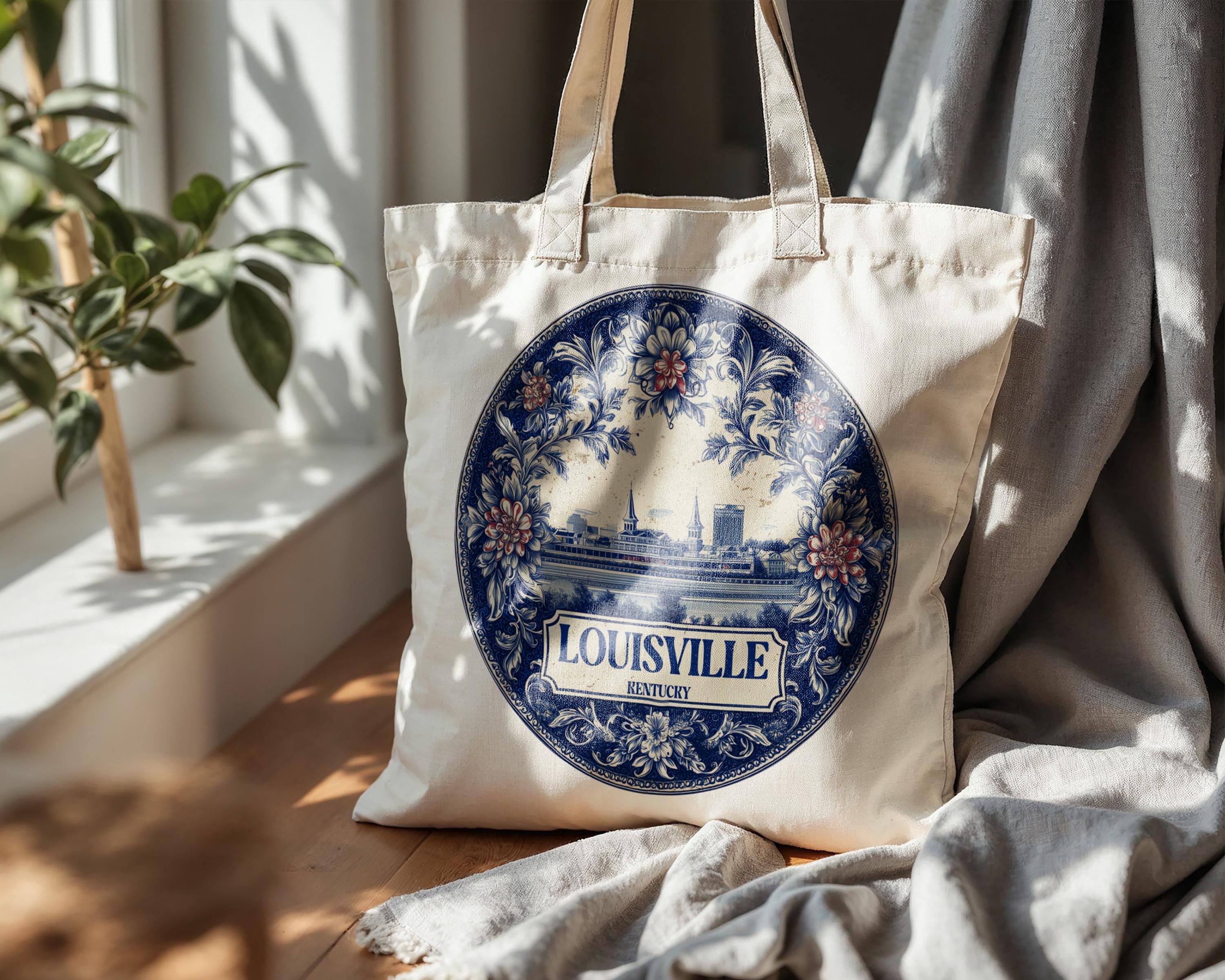 Louisville Kentucky Tote Bag, Delft Style Personalized Destination, City Wedding Gift Souvenir Cotton