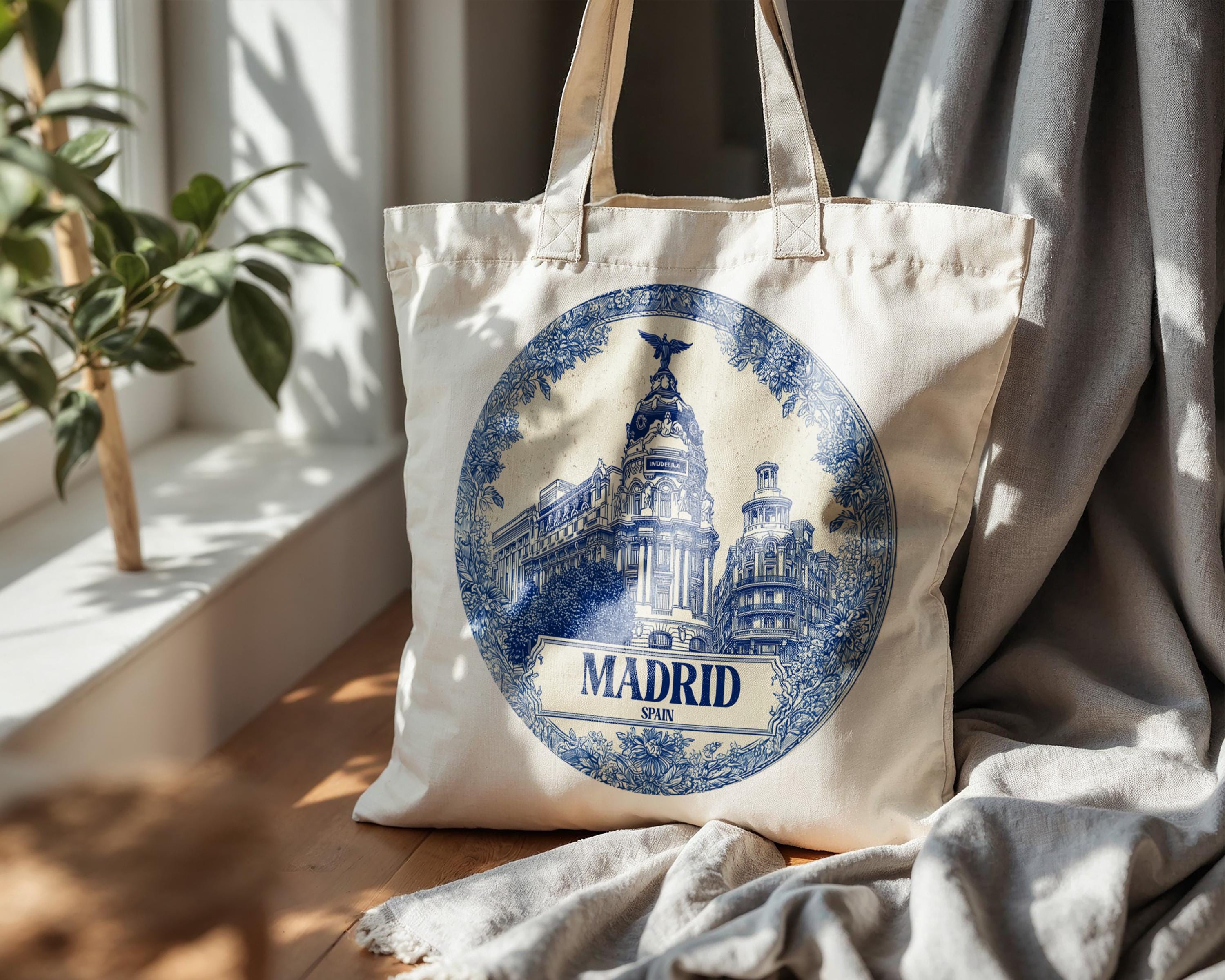 Madrid Spain Tote Bag, Delft Style Personalized Destination, City Wedding Gift Souvenir Cotton