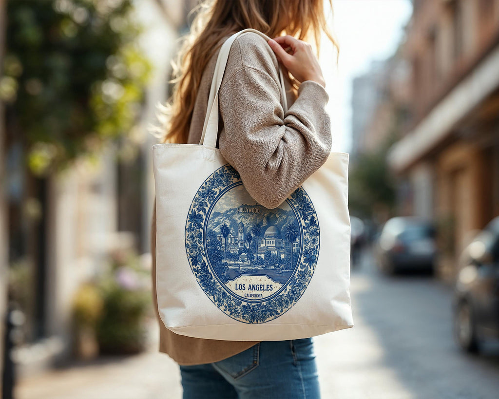 Los Angeles California Tote Bag, Delft Style Personalized Destination, City Wedding Gift Souvenir Cotton