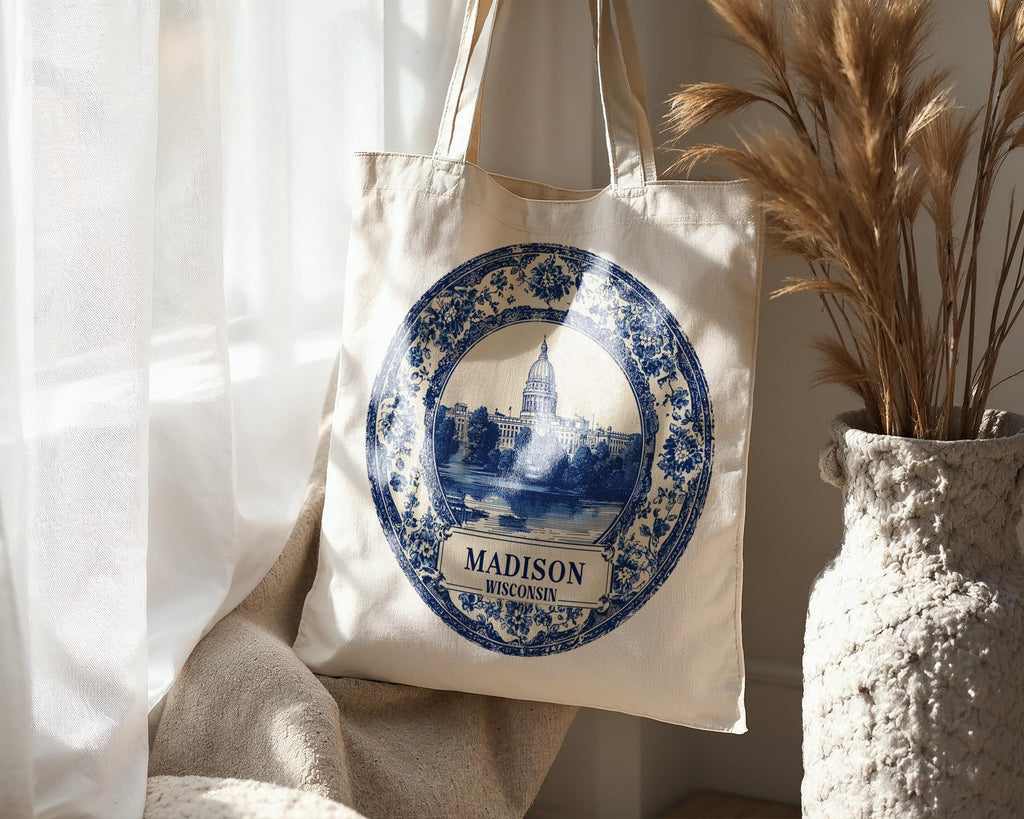 Madison Wisconsin Tote Bag, Delft Style Personalized Destination, City Wedding Gift Souvenir Cotton