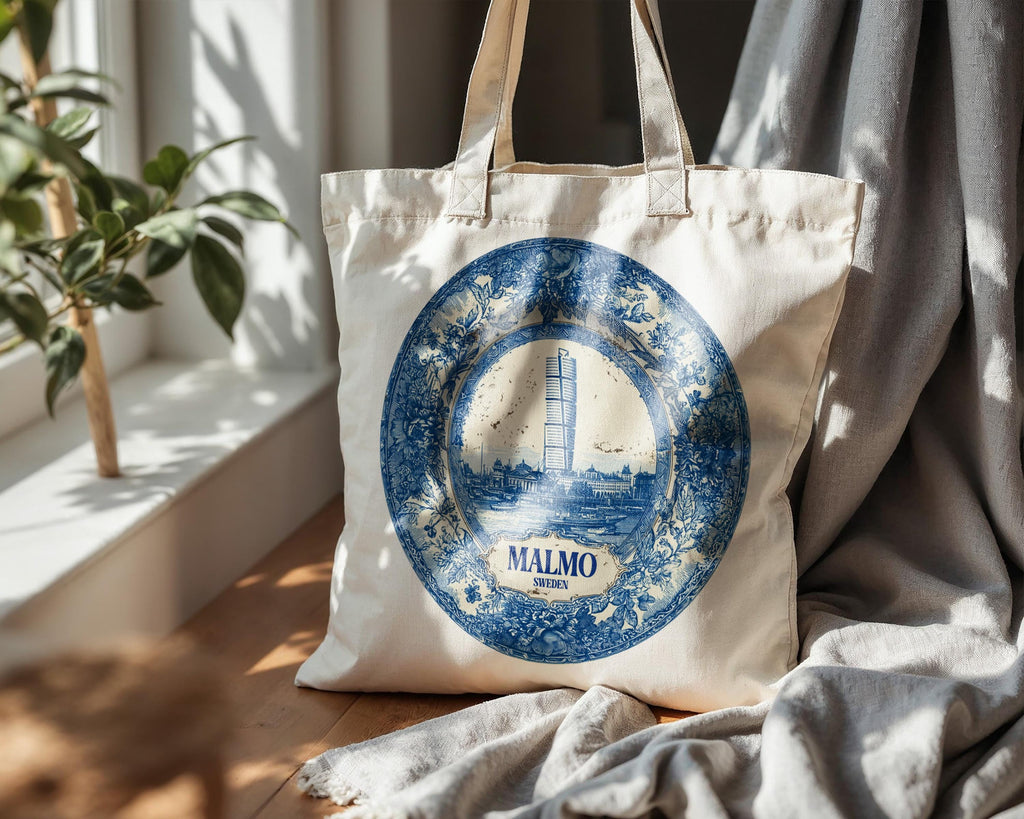 Malmo Sweden Tote Bag, Delft Style Personalized Destination, City Wedding Gift Souvenir Cotton