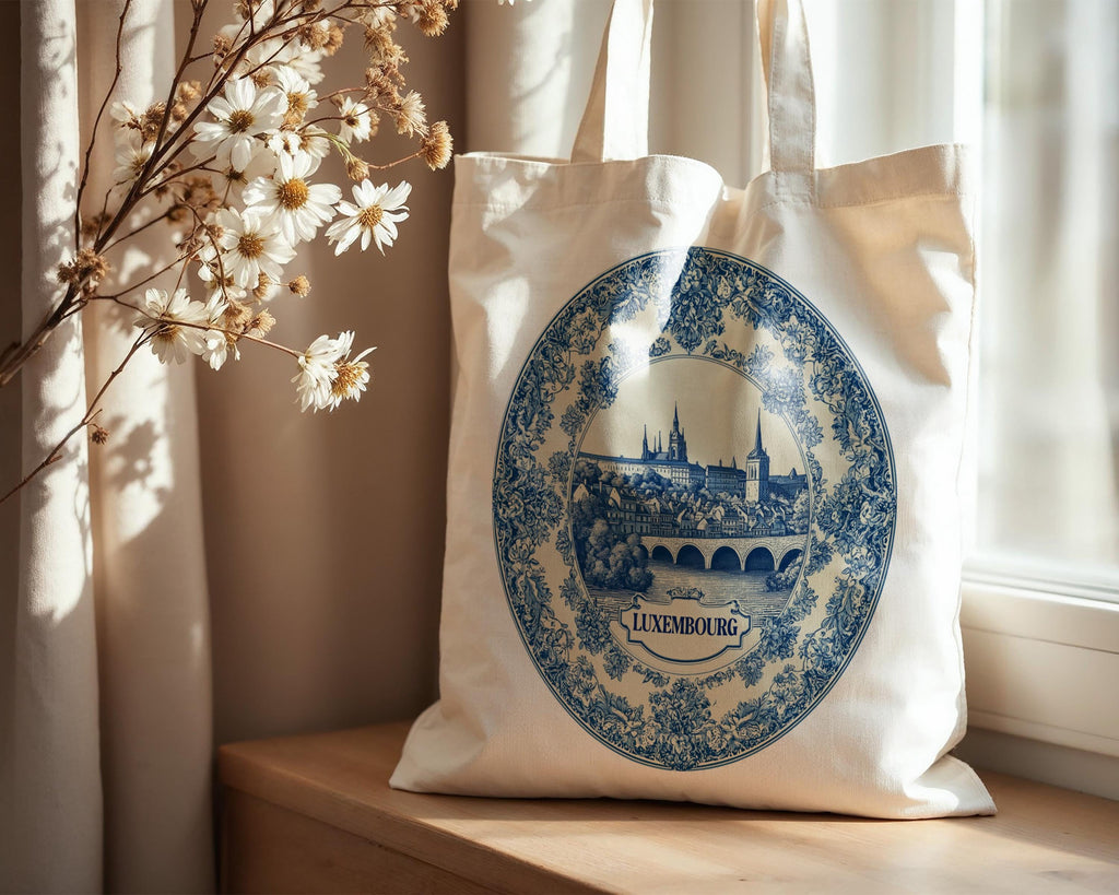 Luxembourg Tote Bag, Delft Style Personalized Destination, City Wedding Gift Souvenir Cotton