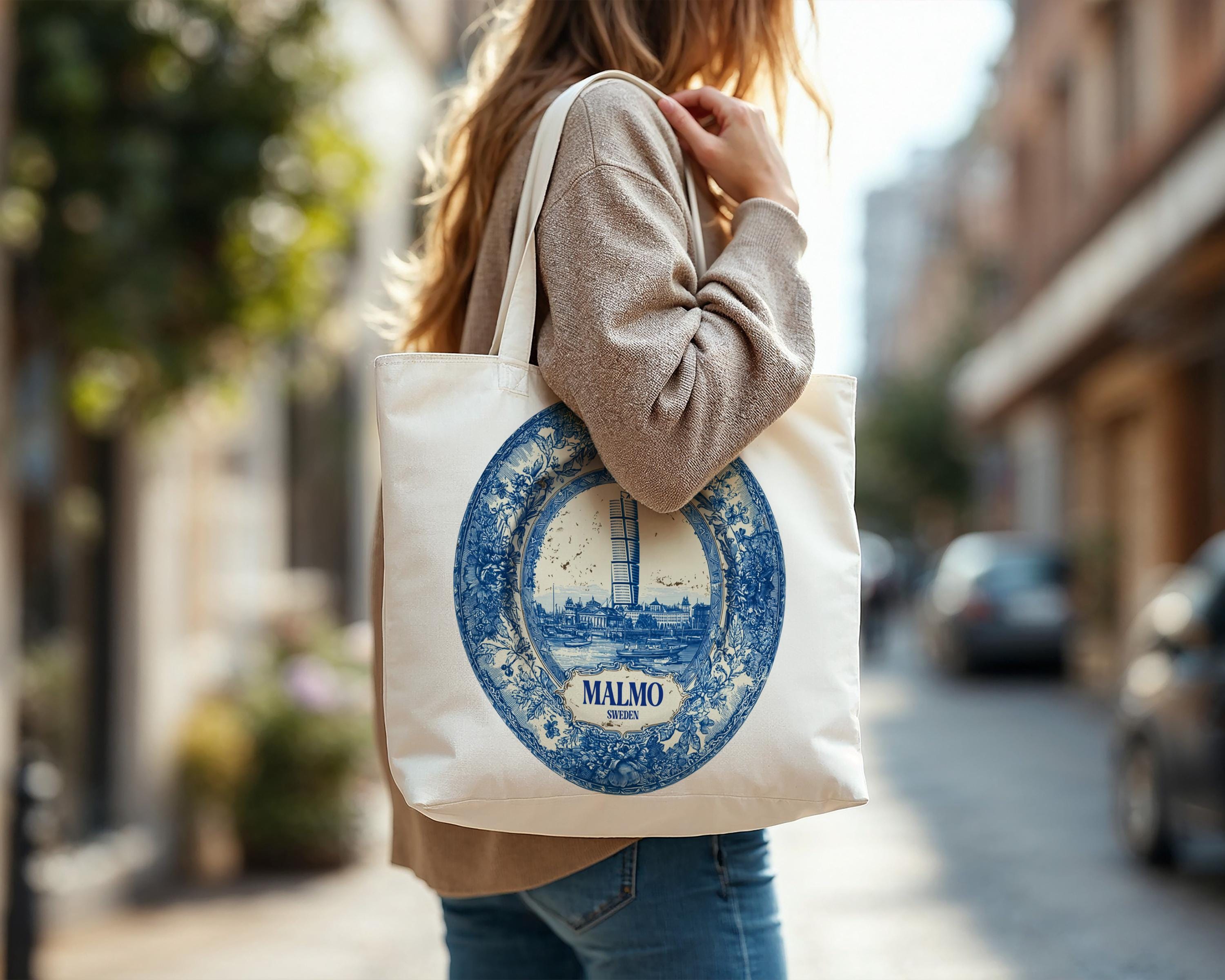 Malmo Sweden Tote Bag, Delft Style Personalized Destination, City Wedding Gift Souvenir Cotton