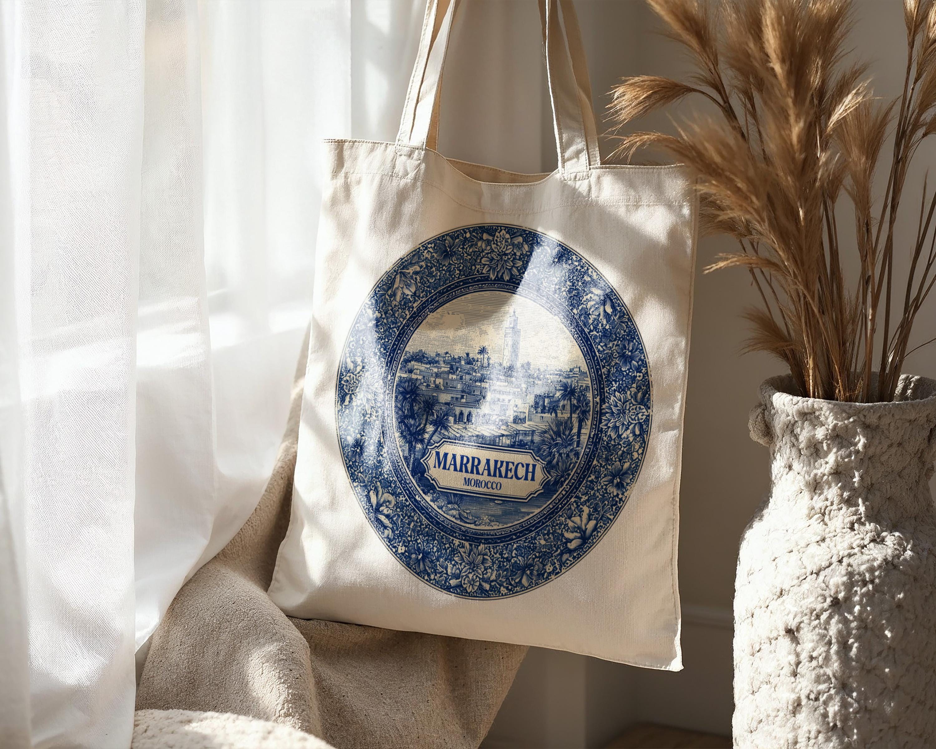 Marrakech Morocco Tote Bag, Delft Style Personalized Destination, City Wedding Gift Souvenir Cotton