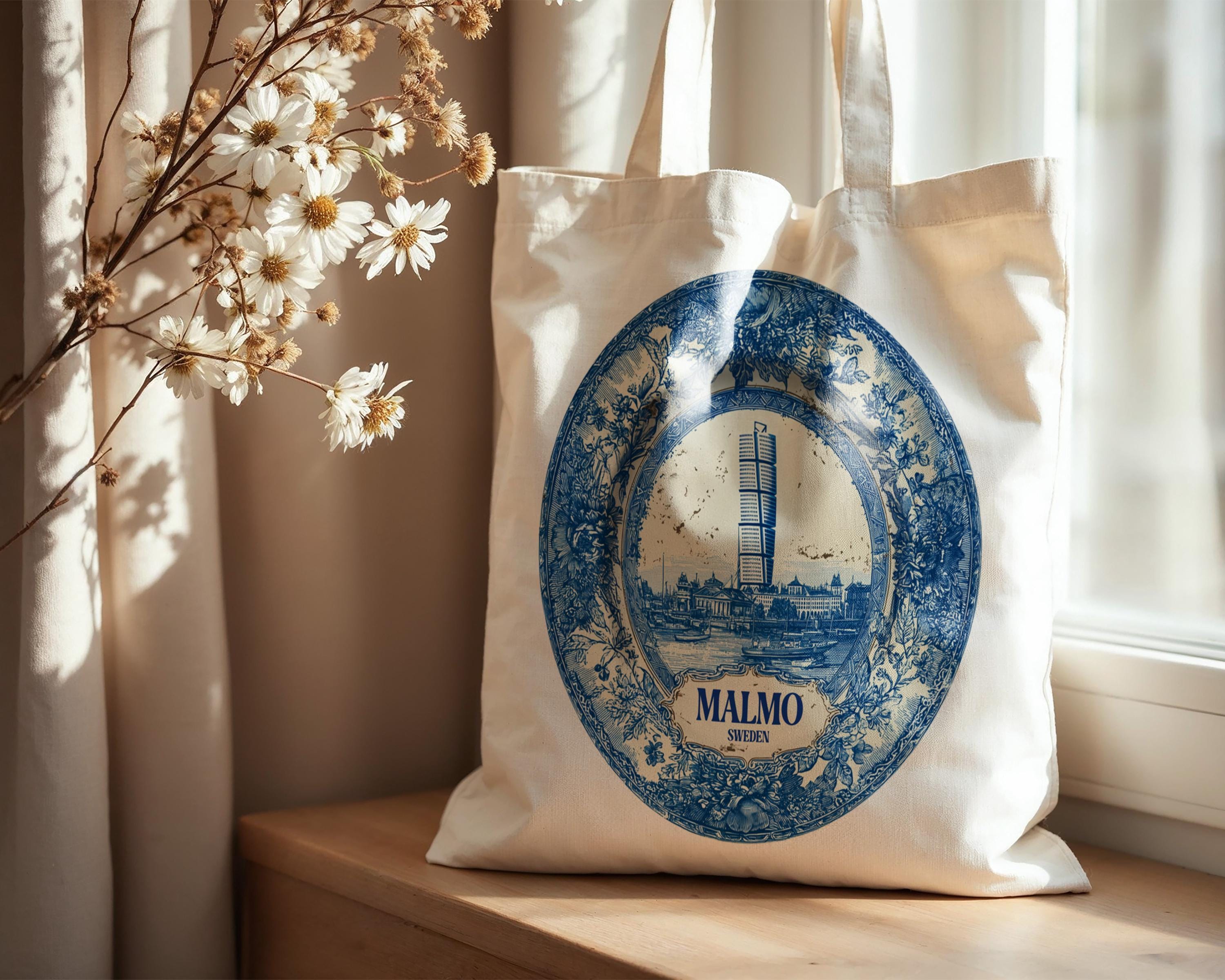 Malmo Sweden Tote Bag, Delft Style Personalized Destination, City Wedding Gift Souvenir Cotton
