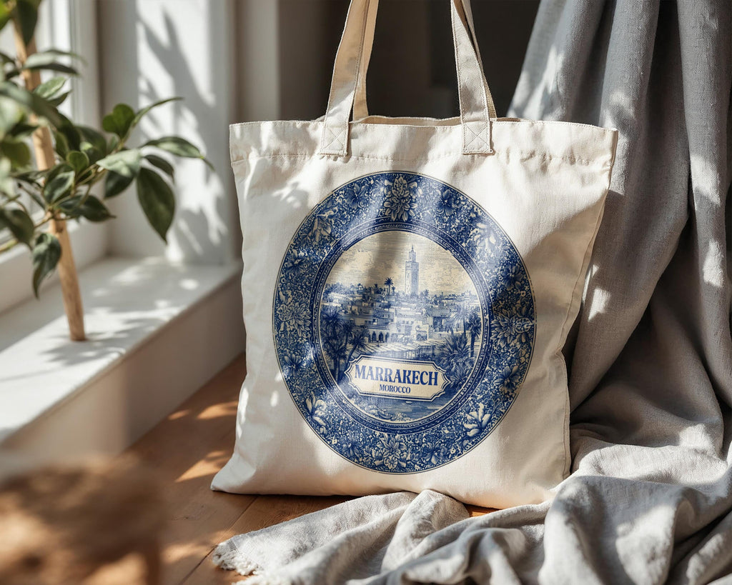 Marrakech Morocco Tote Bag, Delft Style Personalized Destination, City Wedding Gift Souvenir Cotton