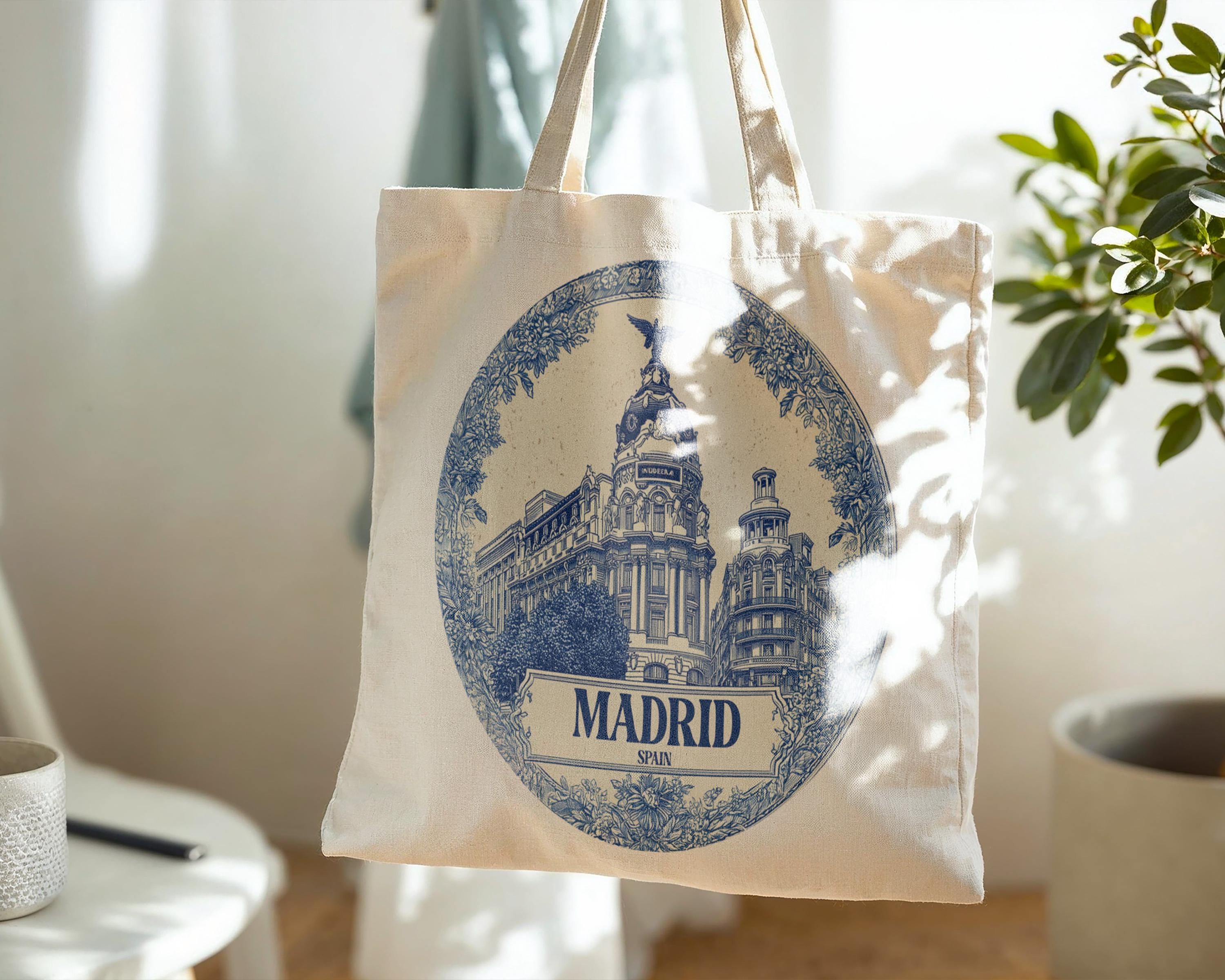 Madrid Spain Tote Bag, Delft Style Personalized Destination, City Wedding Gift Souvenir Cotton