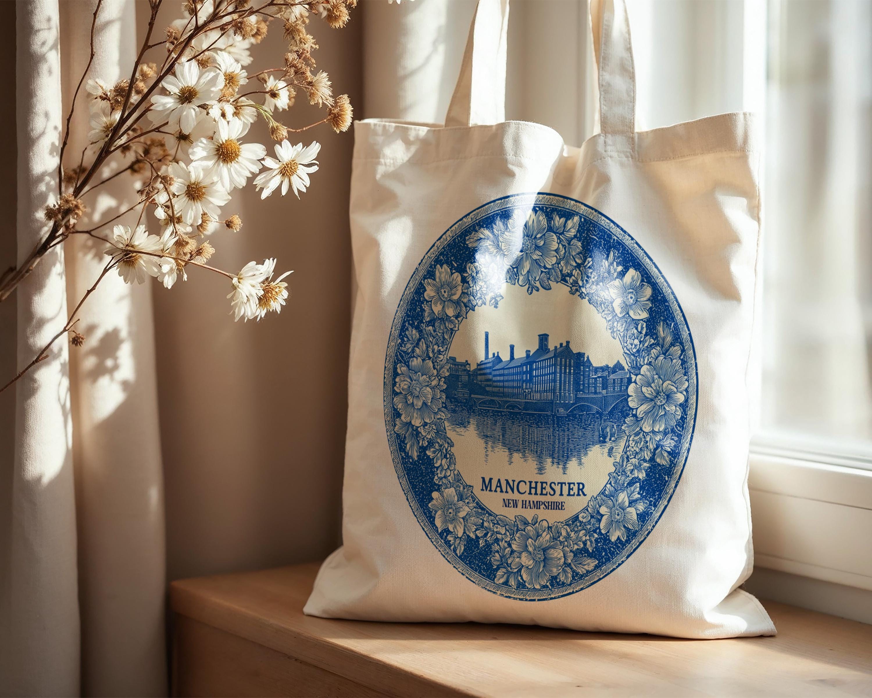 Manchester New Hampshire Tote Bag, Delft Style Personalized Destination, City Wedding Gift Souvenir Cotton