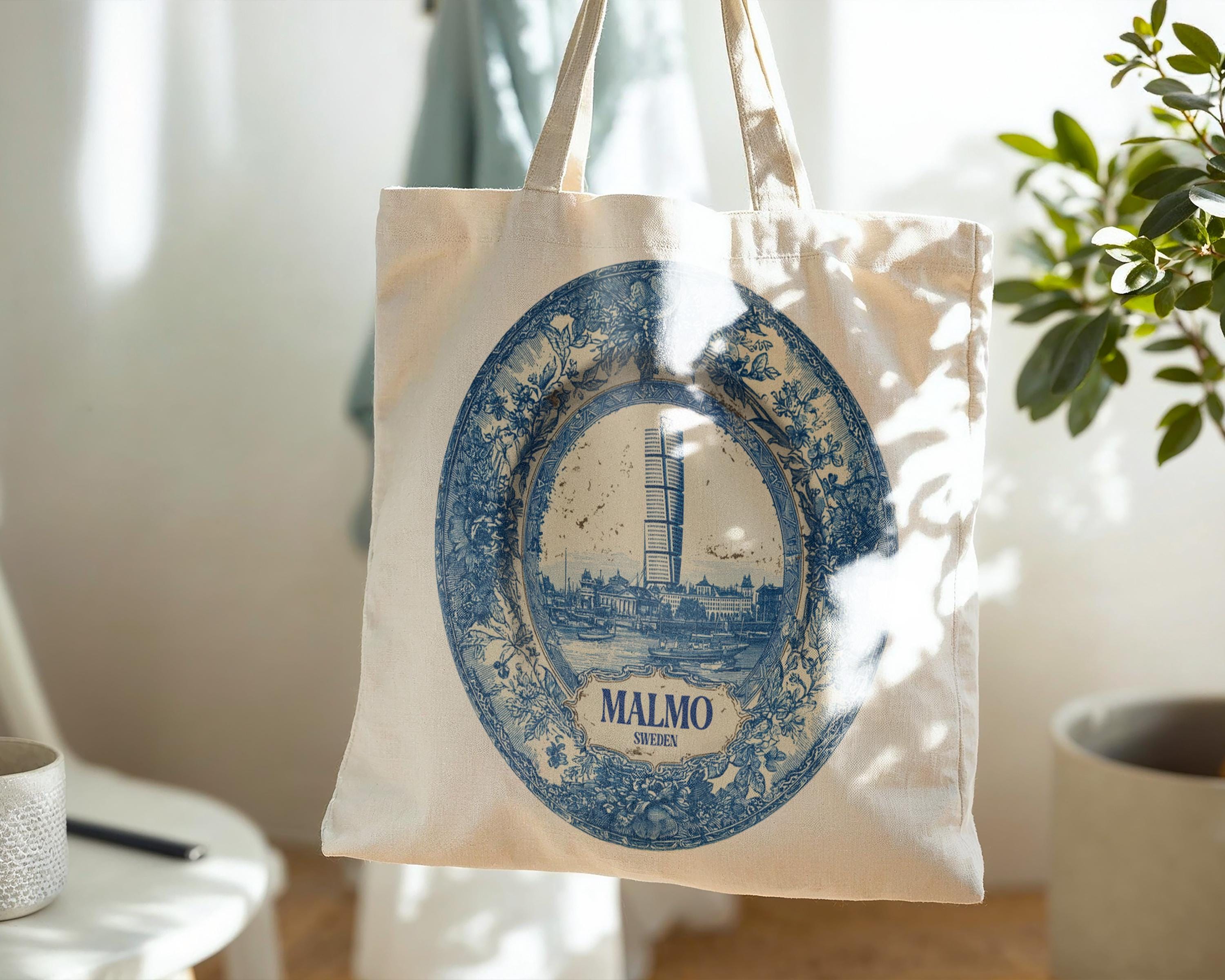 Malmo Sweden Tote Bag, Delft Style Personalized Destination, City Wedding Gift Souvenir Cotton