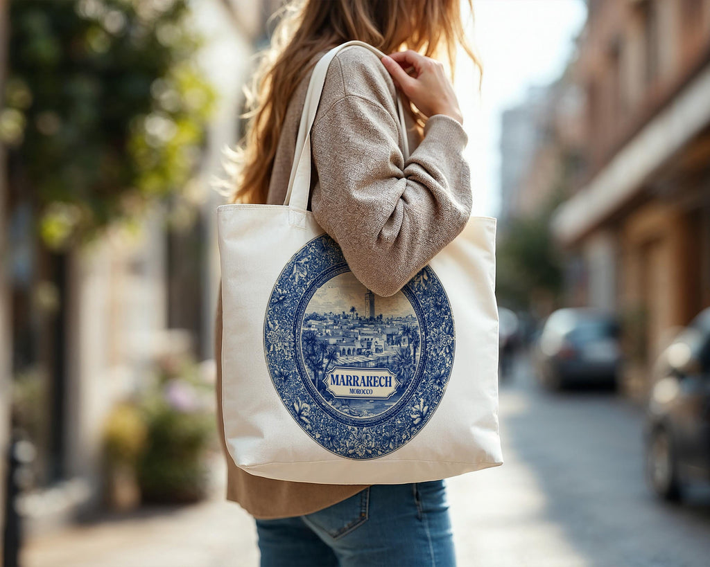 Marrakech Morocco Tote Bag, Delft Style Personalized Destination, City Wedding Gift Souvenir Cotton