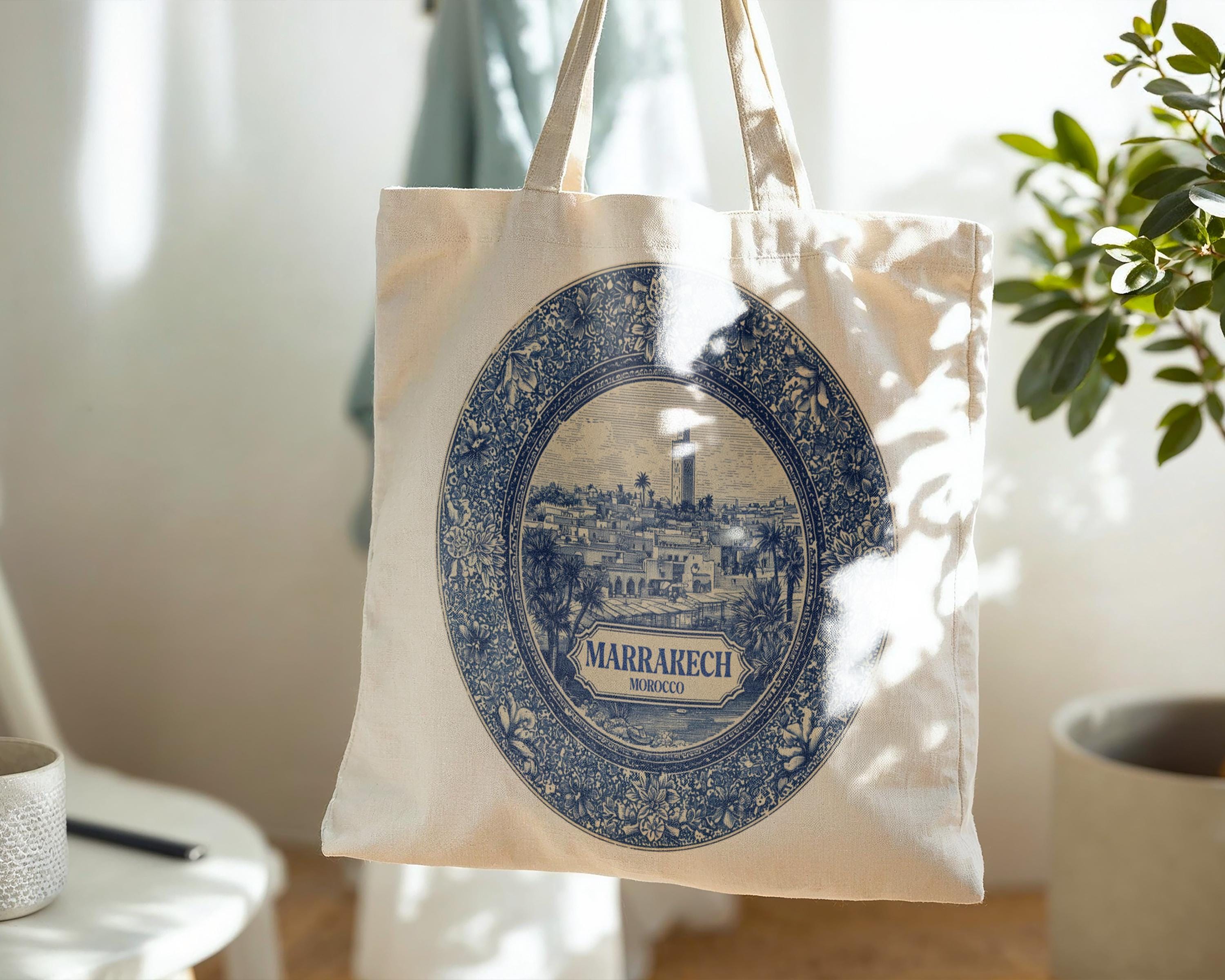 Marrakech Morocco Tote Bag, Delft Style Personalized Destination, City Wedding Gift Souvenir Cotton