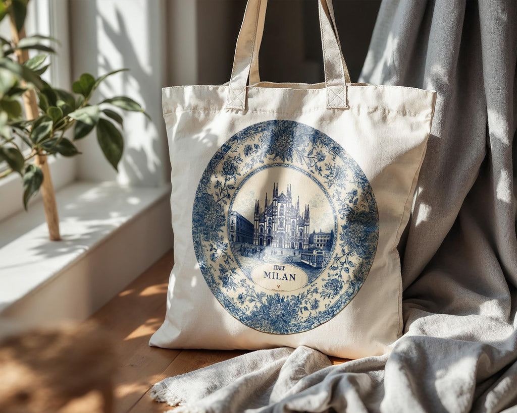 Milan Italy Tote Bag, Delft Style Personalized Destination, City Wedding Gift Souvenir Cotton