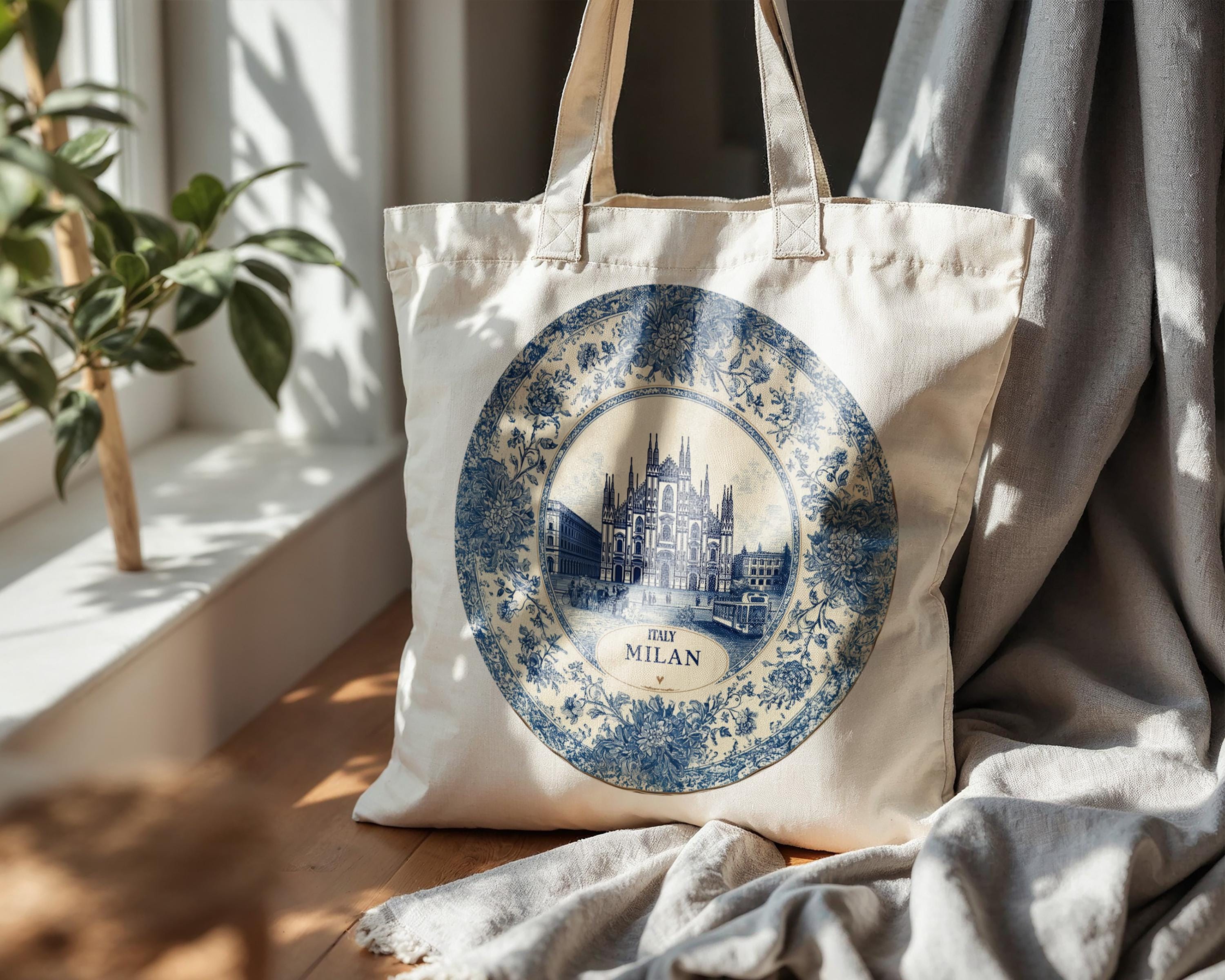 Milan Italy Tote Bag, Delft Style Personalized Destination, City Wedding Gift Souvenir Cotton