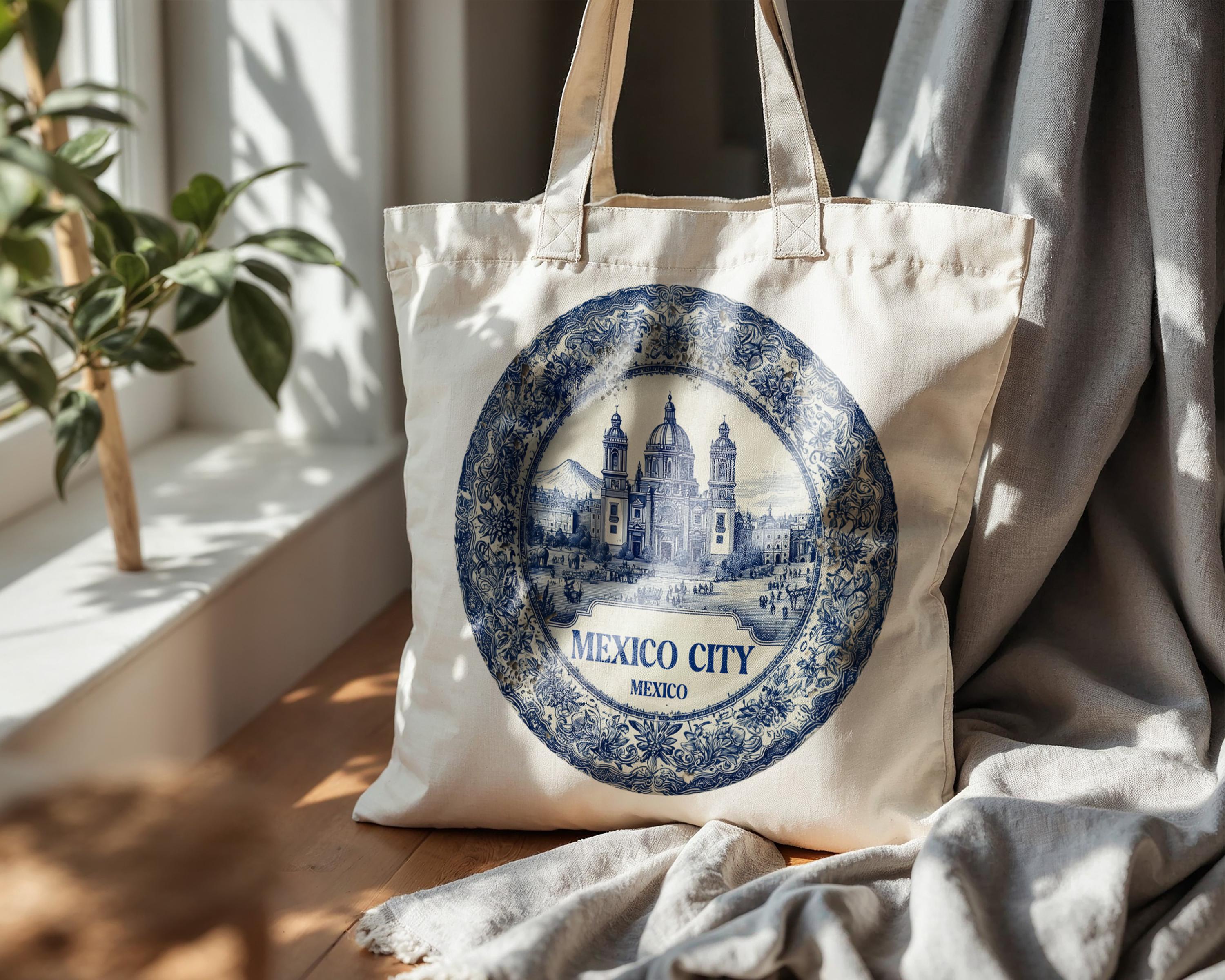 Mexico City Mexico Tote Bag, Delft Style Personalized Destination, City Wedding Gift Souvenir Cotton