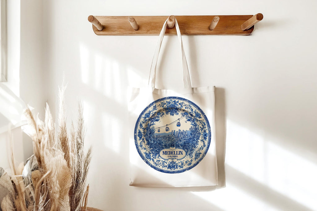 Medellin Colombia Tote Bag, Delft Style Personalized Destination, City Wedding Gift Souvenir Cotton