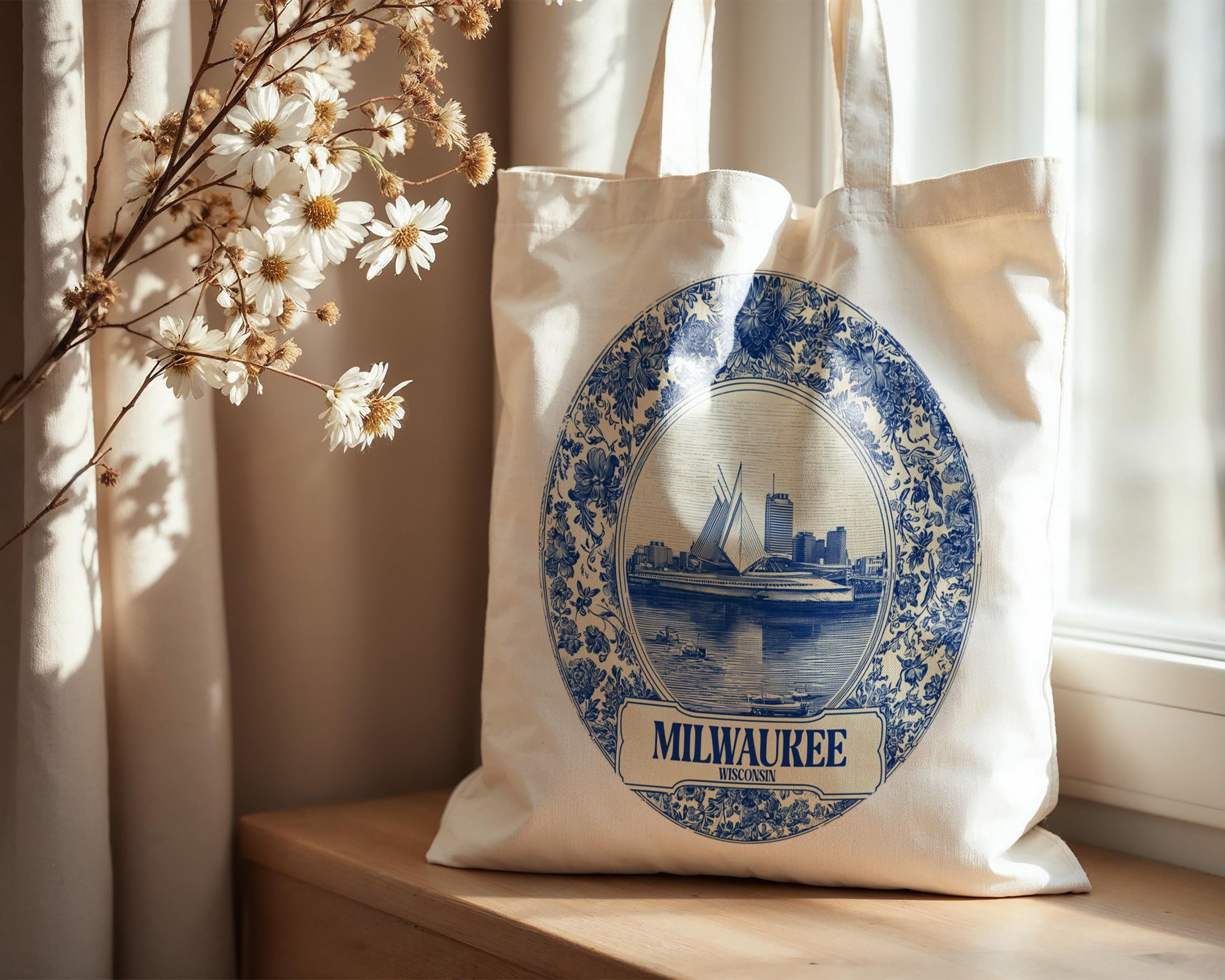 Milwaukee Wisconsin Tote Bag, Delft Style Personalized Destination, City Wedding Gift Souvenir Cotton