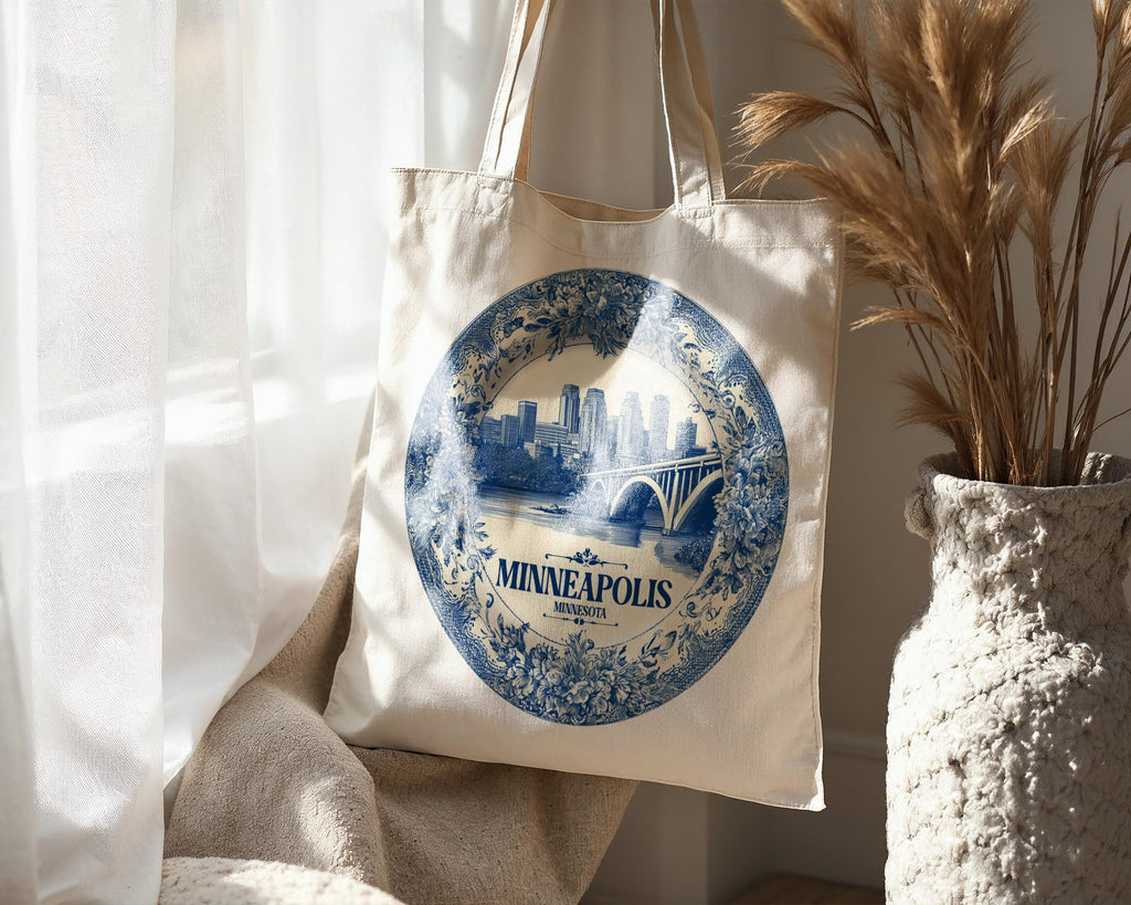 Minneapolis Minnesota Tote Bag, Delft Style Personalized Destination, City Wedding Gift Souvenir Cotton