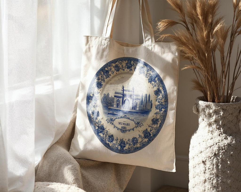 Mumbai India Tote Bag, Delft Style Personalized Destination, City Wedding Gift Souvenir Cotton
