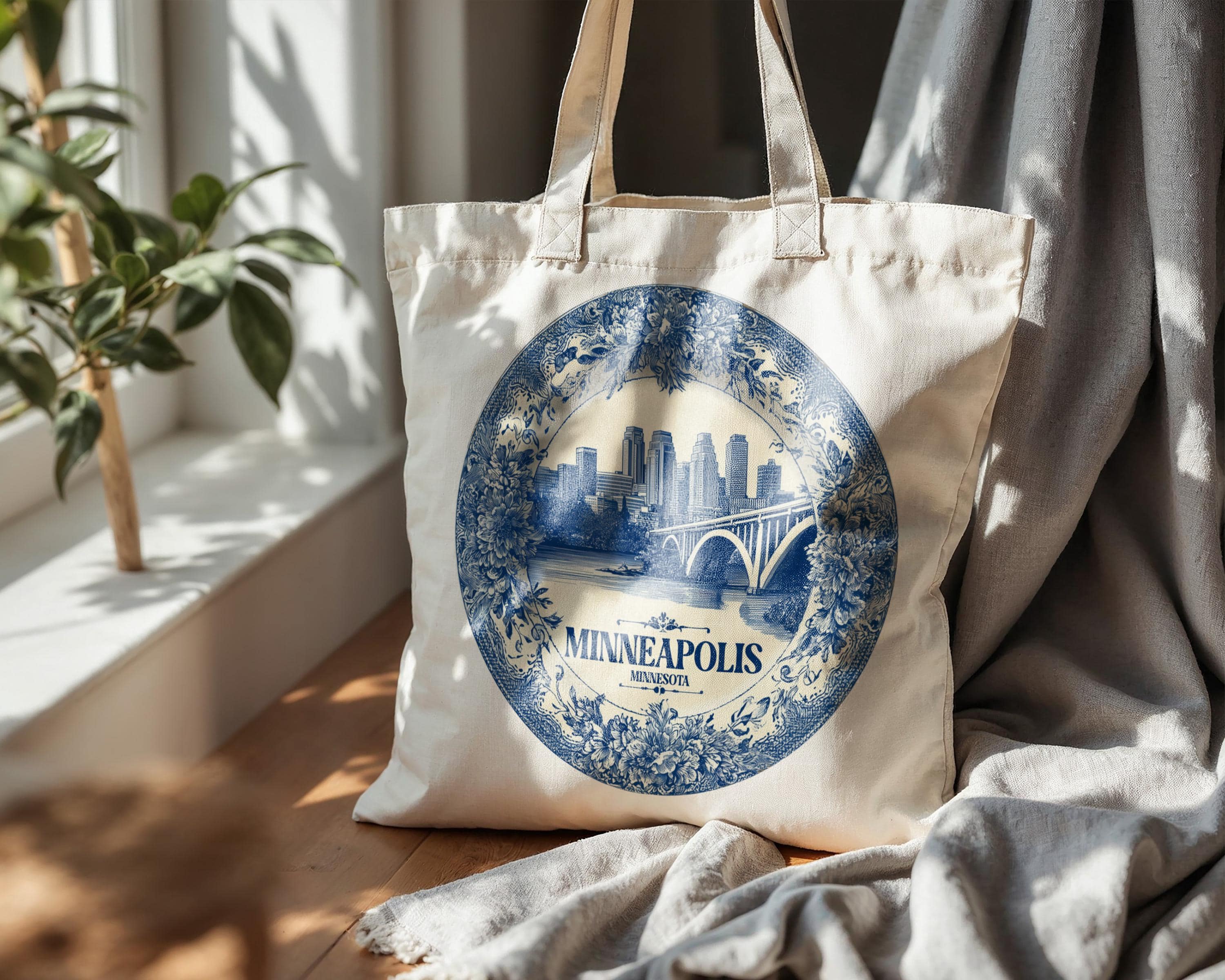 Minneapolis Minnesota Tote Bag, Delft Style Personalized Destination, City Wedding Gift Souvenir Cotton