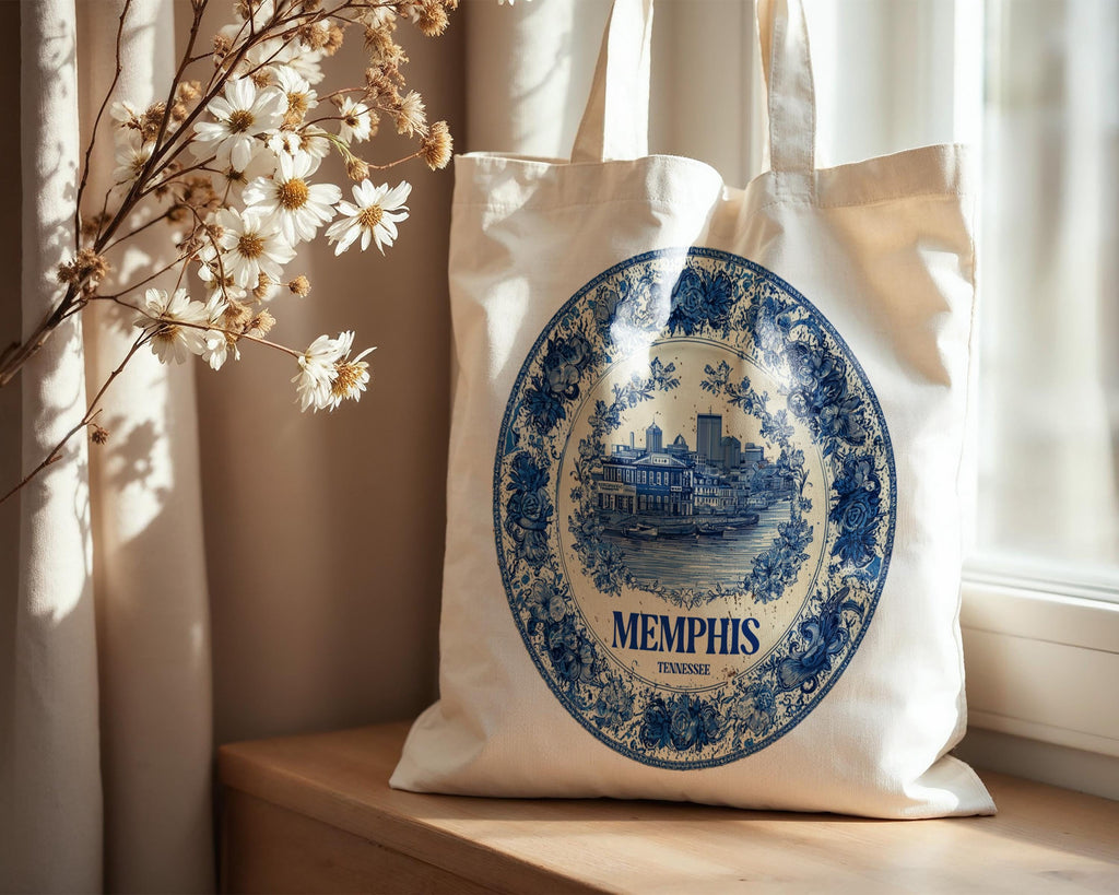 Memphis Tennessee Tote Bag, Delft Style Personalized Destination, City Wedding Gift Souvenir Cotton