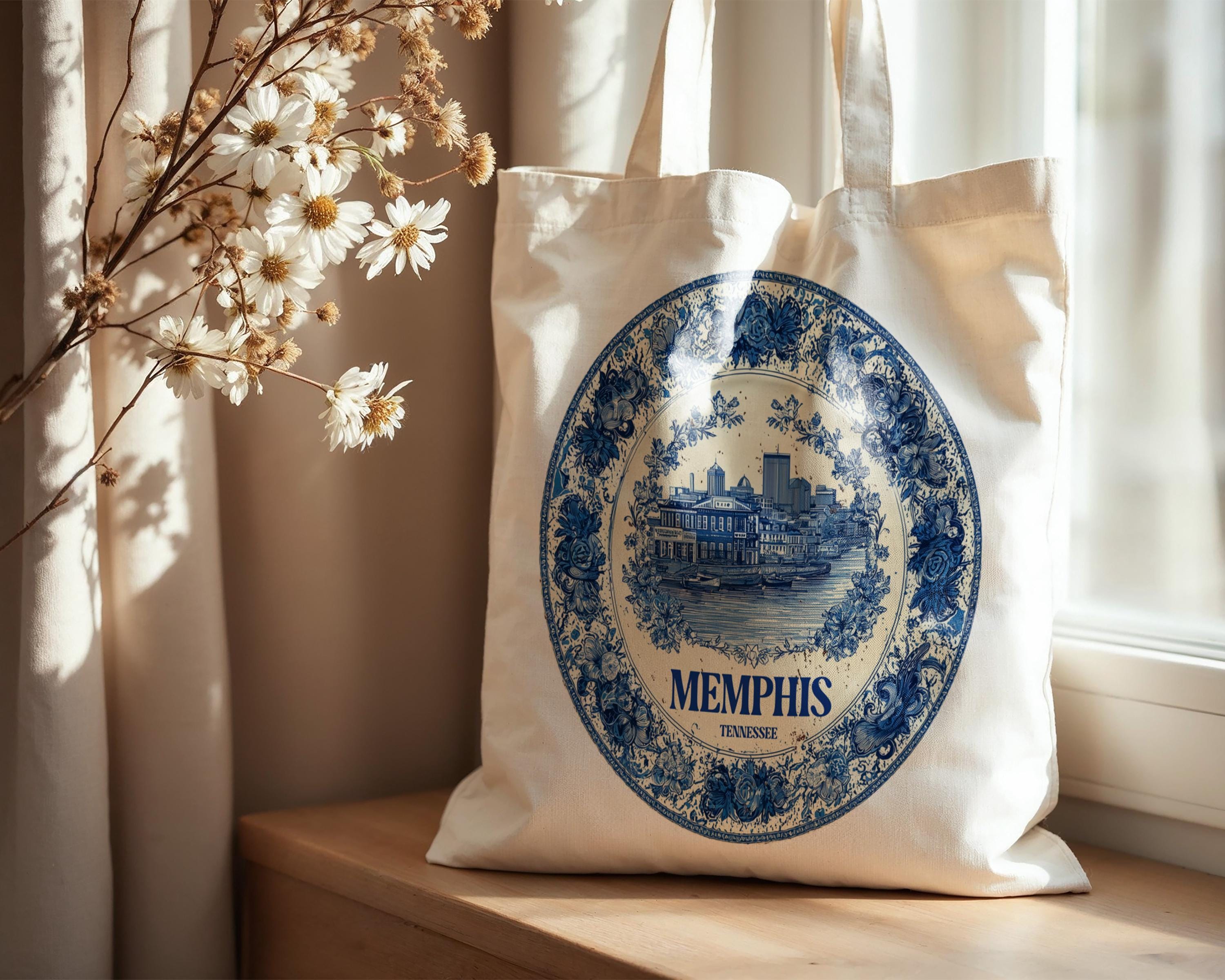Memphis Tennessee Tote Bag, Delft Style Personalized Destination, City Wedding Gift Souvenir Cotton
